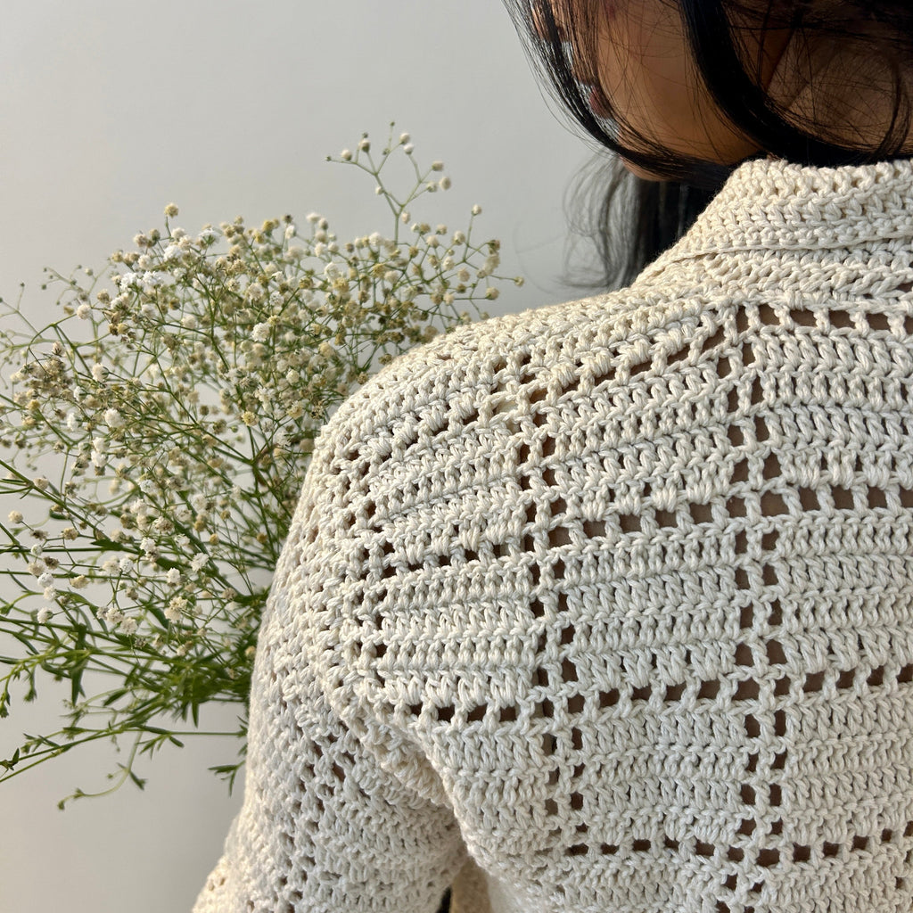 Ivory Grid Crochet Shirt at Kamakhyaa by Ikriit'm. This item is Bloom by Ikriit'm, Casual Wear, Cotton, Crochet, Crochet Apparel, Relaxed Fit, Under $100, White, Womenswear