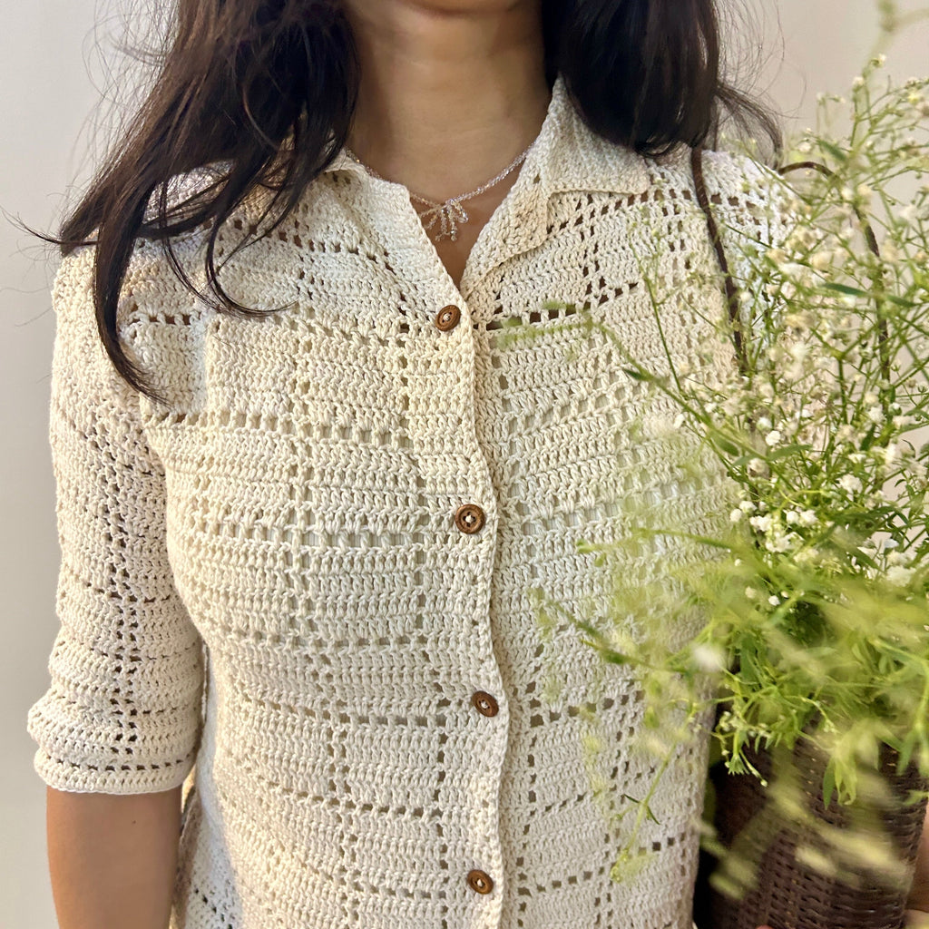 Ivory Grid Crochet Shirt at Kamakhyaa by Ikriit'm. This item is Bloom by Ikriit'm, Casual Wear, Cotton, Crochet, Crochet Apparel, Relaxed Fit, Under $100, White, Womenswear