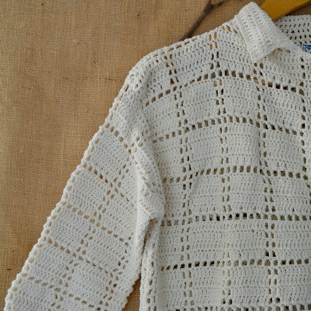 Ivory Grid Crochet Shirt at Kamakhyaa by Ikriit'm. This item is Bloom by Ikriit'm, Casual Wear, Cotton, Crochet, Crochet Apparel, Relaxed Fit, Under $100, White, Womenswear