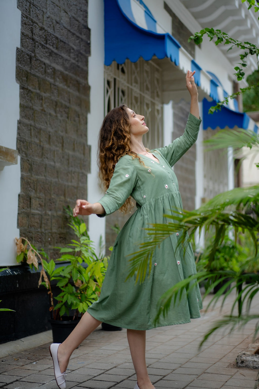 Jade Green Hand-Embroidered Fit & Flare Dress at Kamakhyaa by Krushnachuda. This item is Chilika by Krushnachuda, Embroidered, Green, Handloom Cotton, Loose Fit, missing, Natural Dye, Organic, Outerwear, Under $150, Womenswear