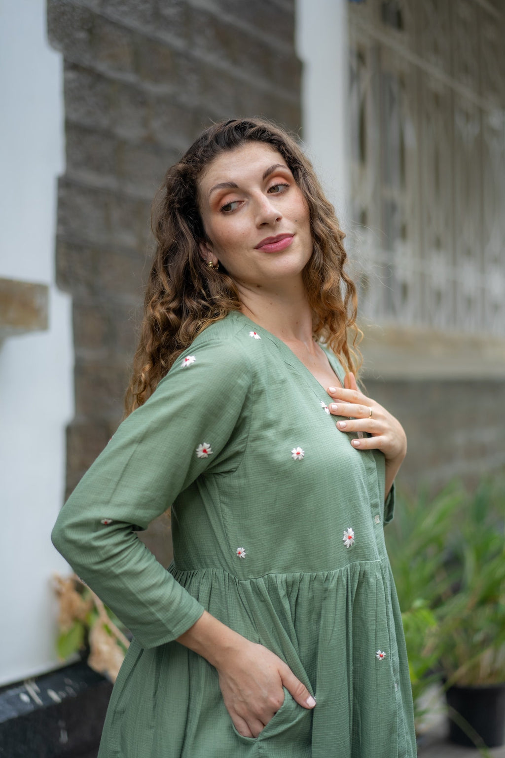 Jade Green Hand-Embroidered Fit & Flare Dress at Kamakhyaa by Krushnachuda. This item is Chilika by Krushnachuda, Embroidered, Green, Handloom Cotton, Loose Fit, missing, Natural Dye, Organic, Outerwear, Under $150, Womenswear