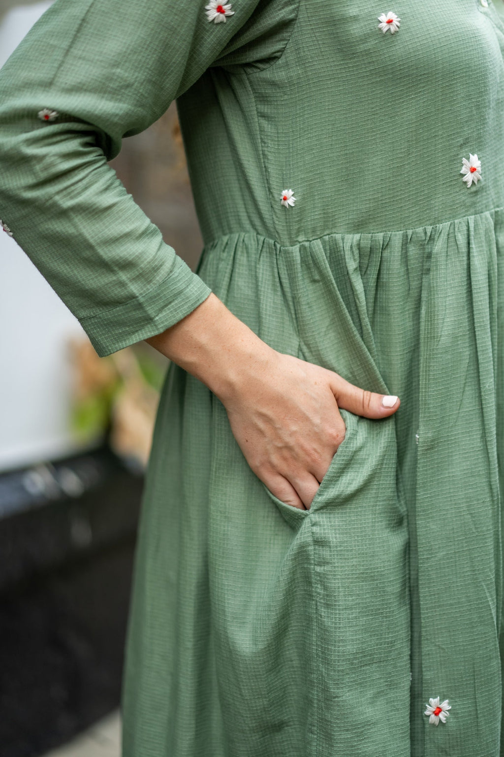 Jade Green Hand-Embroidered Fit & Flare Dress at Kamakhyaa by Krushnachuda. This item is Chilika by Krushnachuda, Embroidered, Green, Handloom Cotton, Loose Fit, missing, Natural Dye, Organic, Outerwear, Under $150, Womenswear