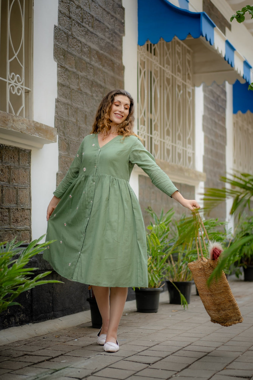 Jade Green Hand-Embroidered Fit & Flare Dress at Kamakhyaa by Krushnachuda. This item is Chilika by Krushnachuda, Embroidered, Green, Handloom Cotton, Loose Fit, missing, Natural Dye, Organic, Outerwear, Under $150, Womenswear