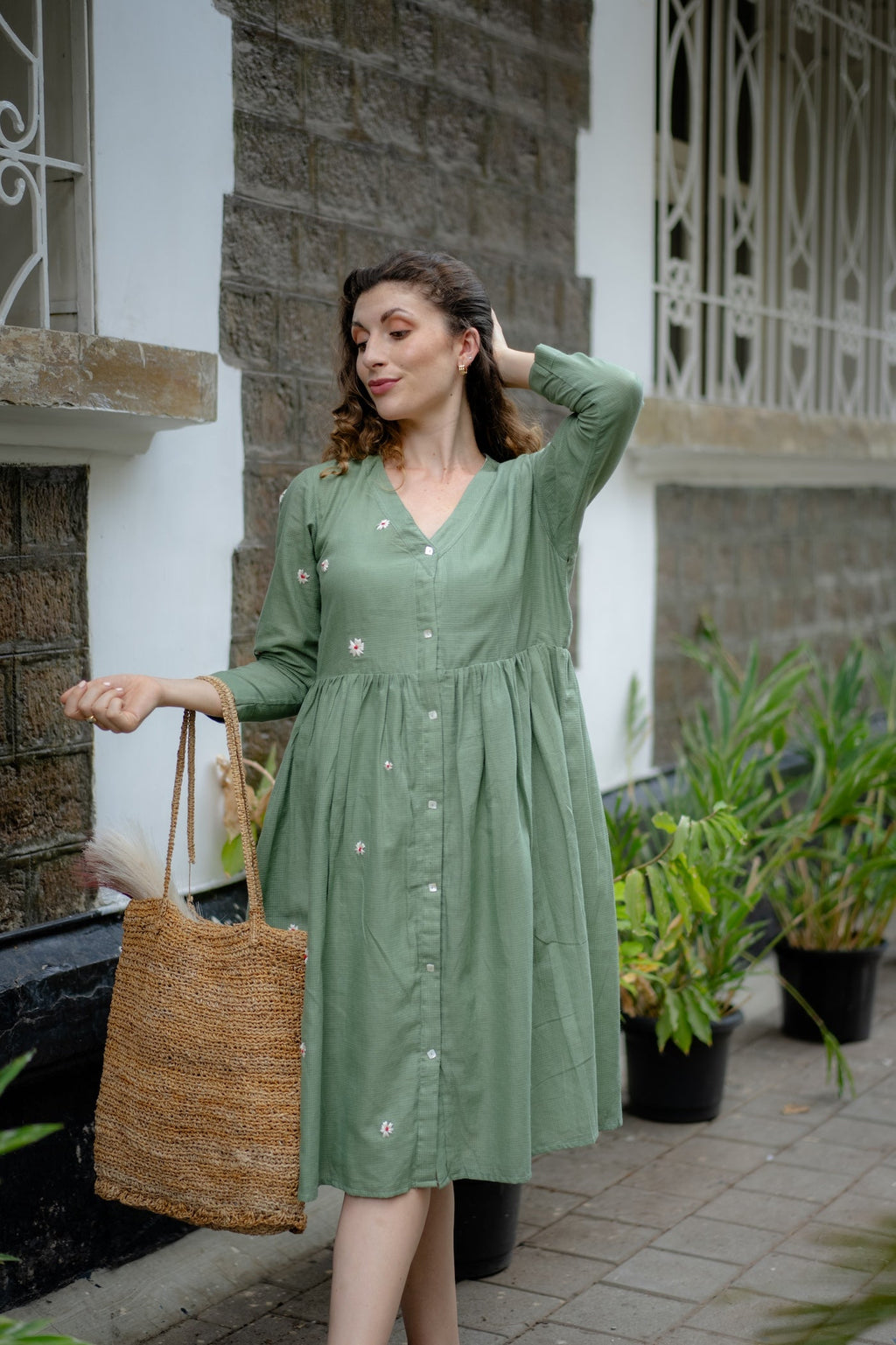 Jade Green Hand-Embroidered Fit & Flare Dress at Kamakhyaa by Krushnachuda. This item is Chilika by Krushnachuda, Embroidered, Green, Handloom Cotton, Loose Fit, missing, Natural Dye, Organic, Outerwear, Under $150, Womenswear