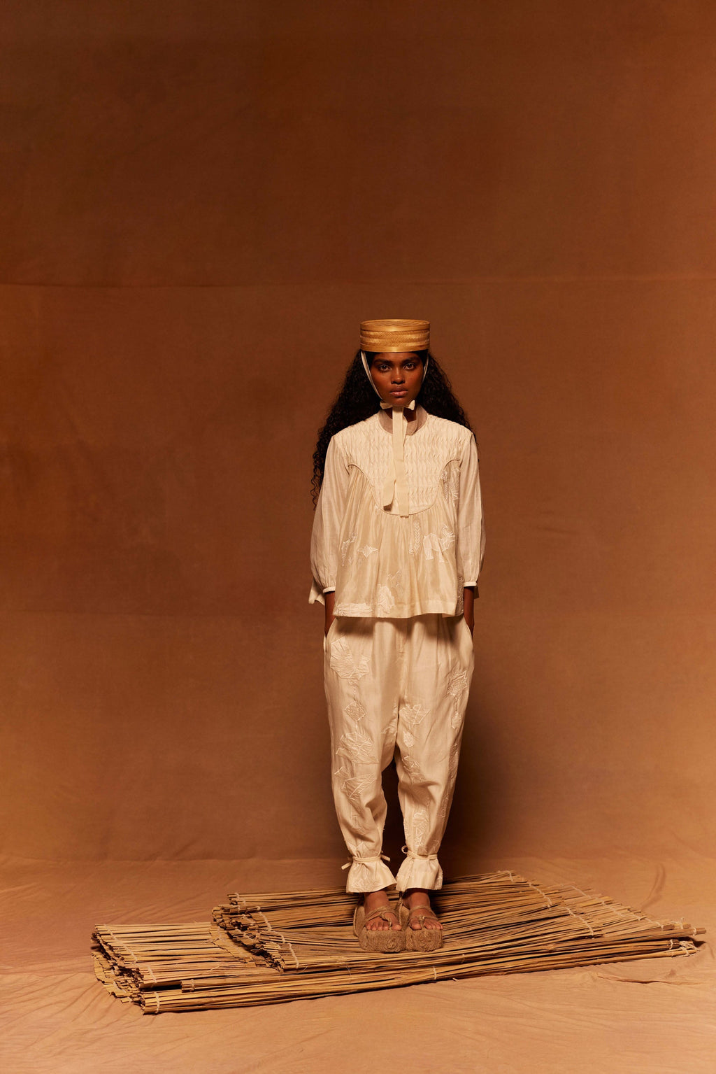 Kaeru Yoke Top at Kamakhyaa by Ahmev. This item is Applique Work, Cotton Silk, Ivory, Maximum Minimum by Ahmev, Relaxed Fit, Top, Womenswear