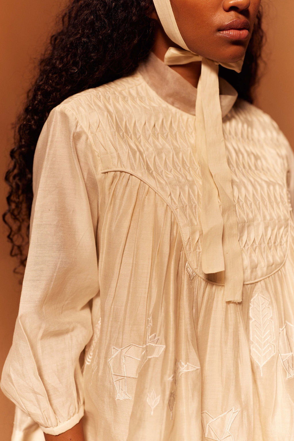 Kaeru Yoke Top at Kamakhyaa by Ahmev. This item is Applique Work, Cotton Silk, Ivory, Maximum Minimum by Ahmev, Relaxed Fit, Top, Womenswear