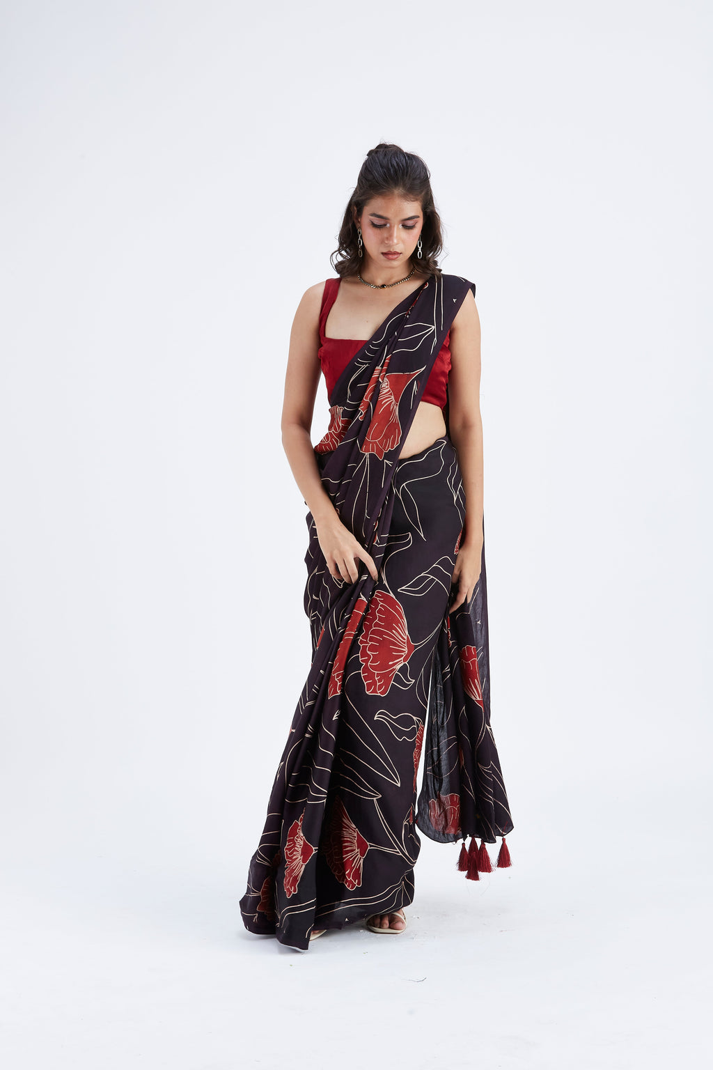 Kaia Black Modal Saree at Kamakhyaa by Hasttvam. This item is Black, Ete by Hasttvam, Floral Prints, Hand Printed, Modal, Under $50, Wedding Wear, Womenswear