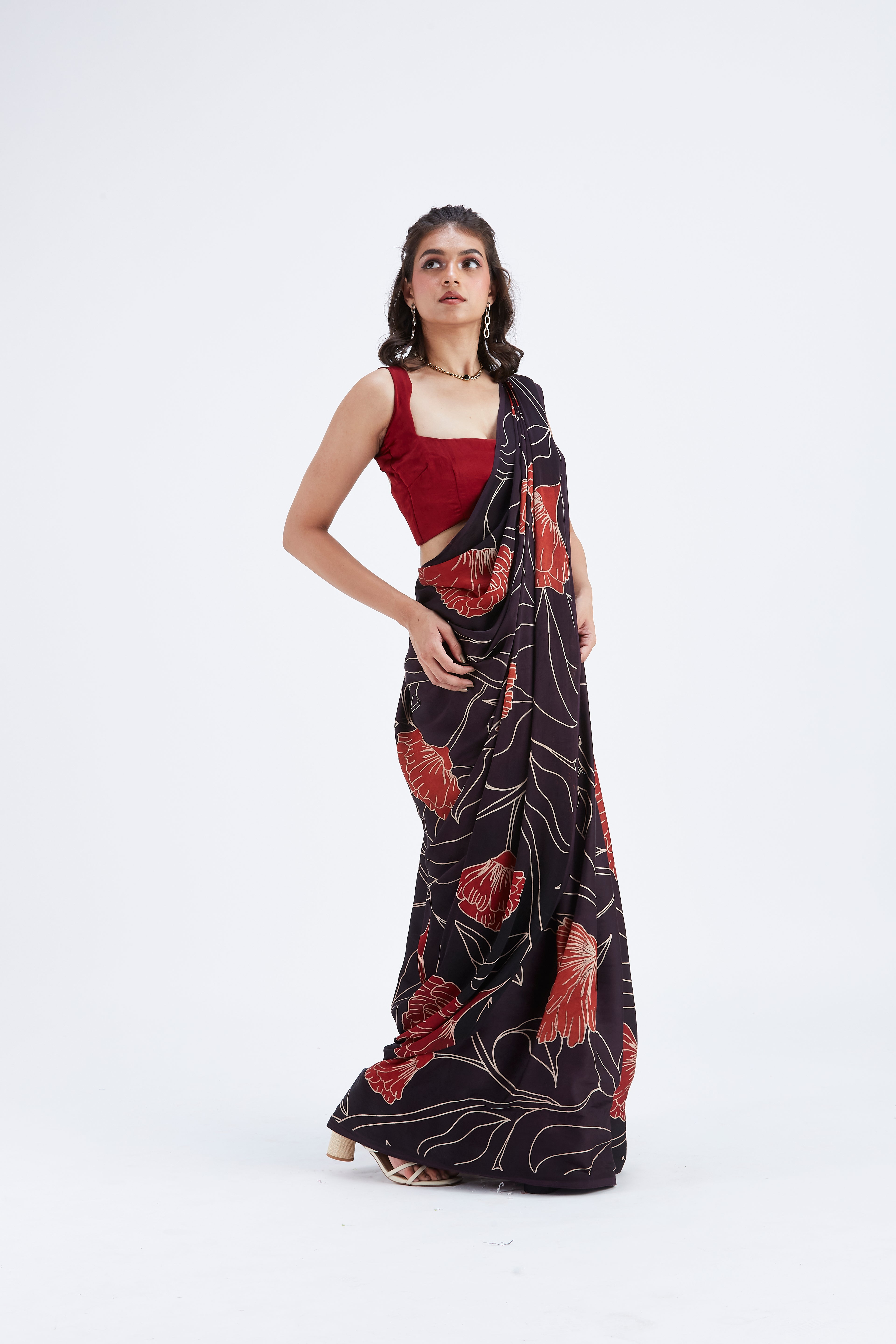 Kaia Black Modal Saree at Kamakhyaa by Hasttvam. This item is Black, Ete by Hasttvam, Floral Prints, Hand Printed, Modal, Under $50, Wedding Wear, Womenswear