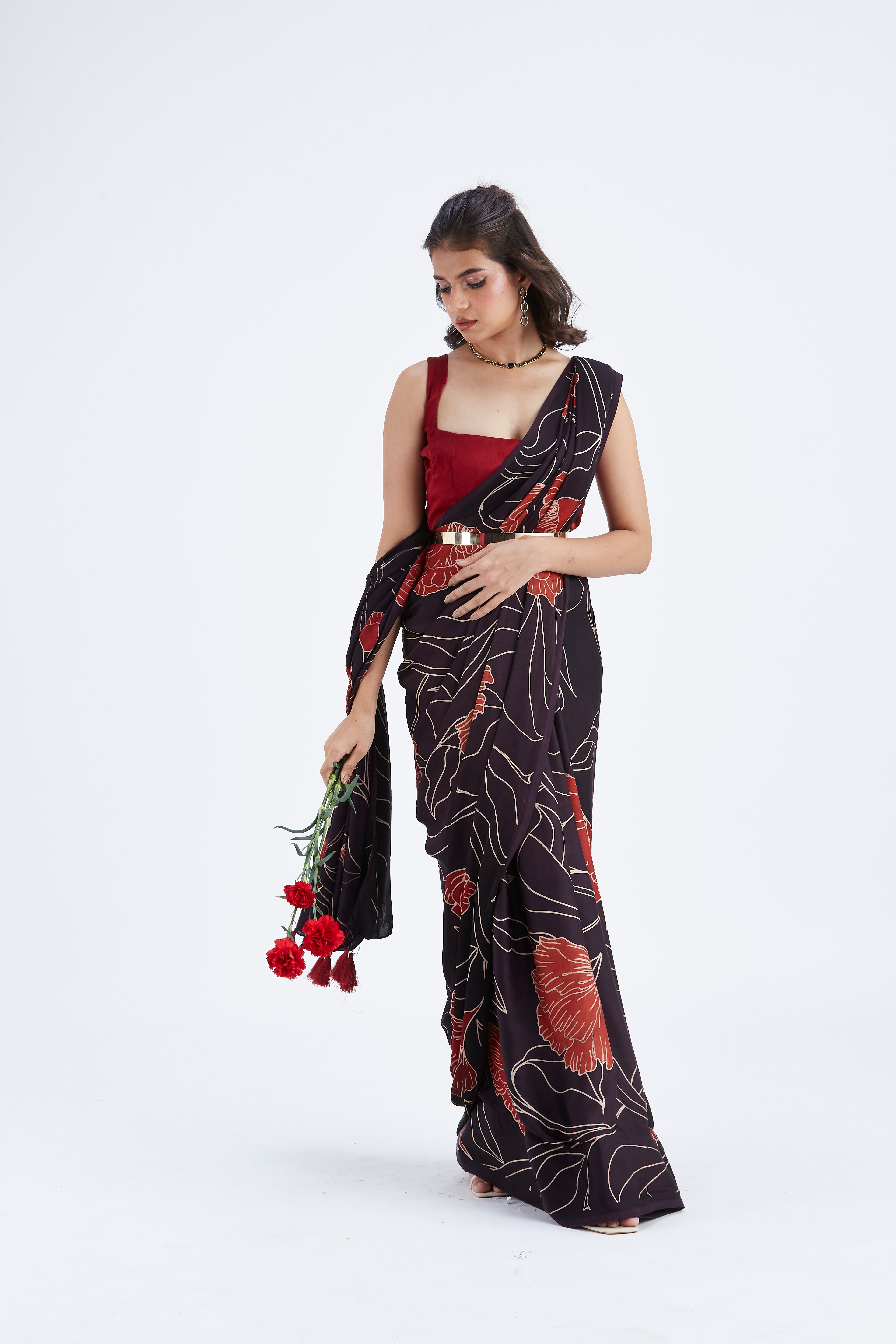 Kaia Black Modal Saree at Kamakhyaa by Hasttvam. This item is Black, Ete by Hasttvam, Floral Prints, Hand Printed, Modal, Under $50, Wedding Wear, Womenswear