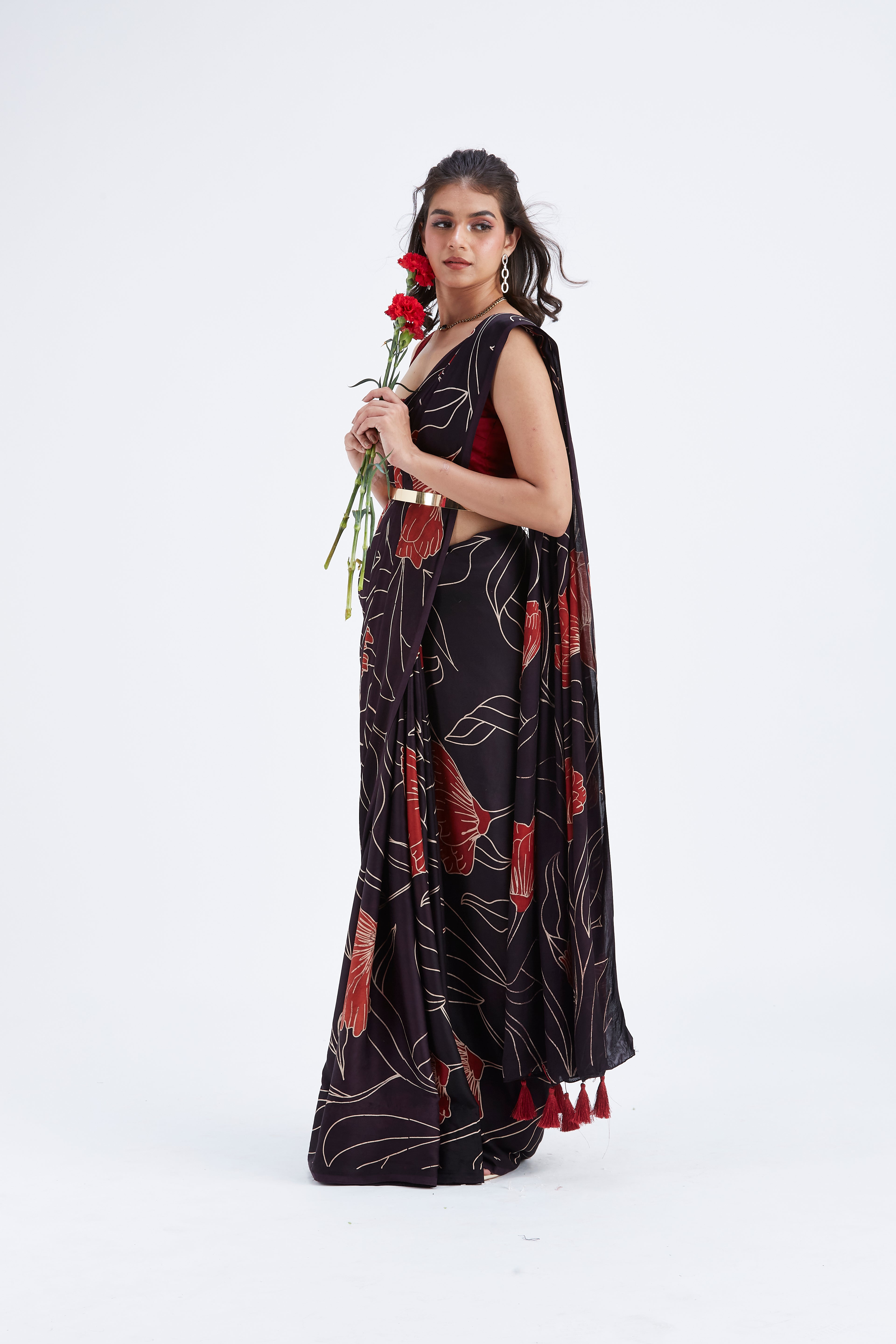 Kaia Black Modal Saree at Kamakhyaa by Hasttvam. This item is Black, Ete by Hasttvam, Floral Prints, Hand Printed, Modal, Under $50, Wedding Wear, Womenswear