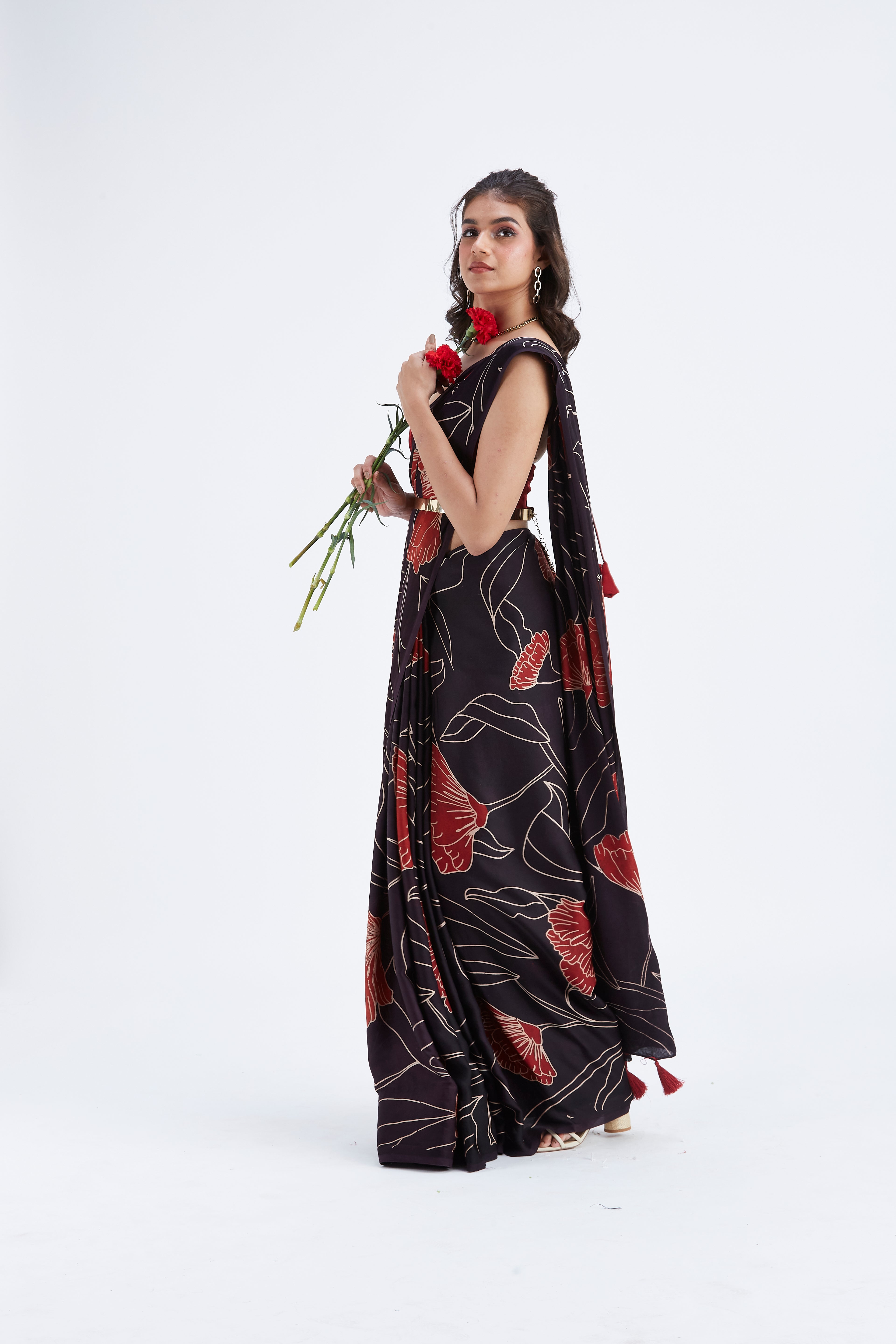 Kaia Black Modal Saree at Kamakhyaa by Hasttvam. This item is Black, Ete by Hasttvam, Floral Prints, Hand Printed, Modal, Under $50, Wedding Wear, Womenswear