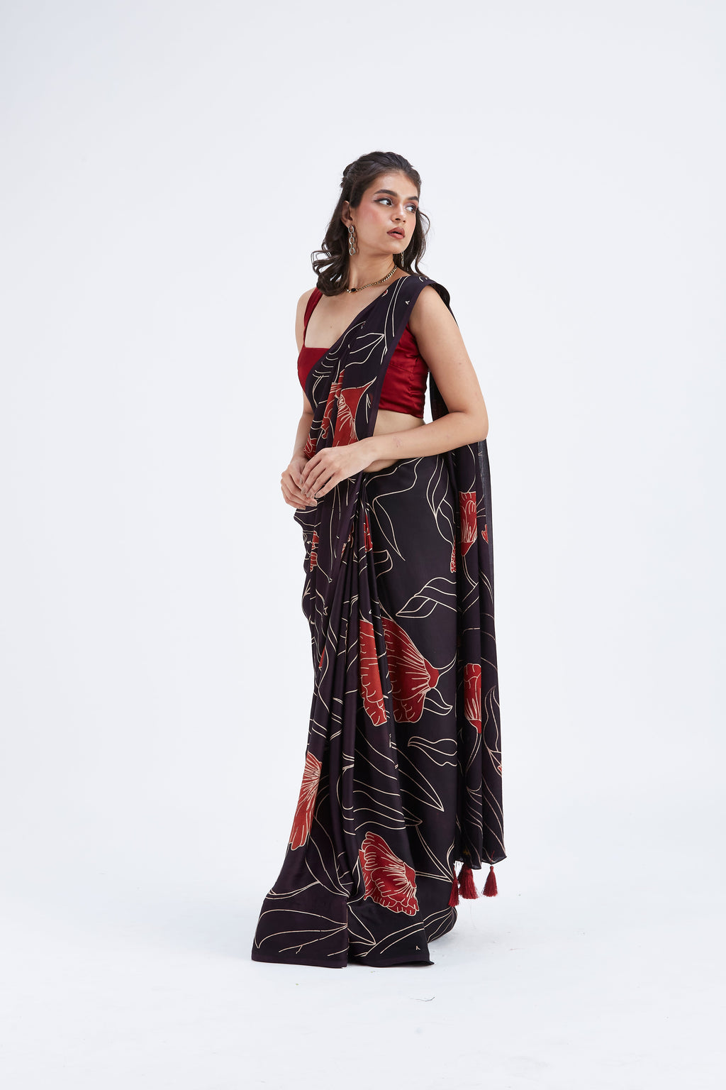 Kaia Black Modal Saree at Kamakhyaa by Hasttvam. This item is Black, Ete by Hasttvam, Floral Prints, Hand Printed, Modal, Under $50, Wedding Wear, Womenswear