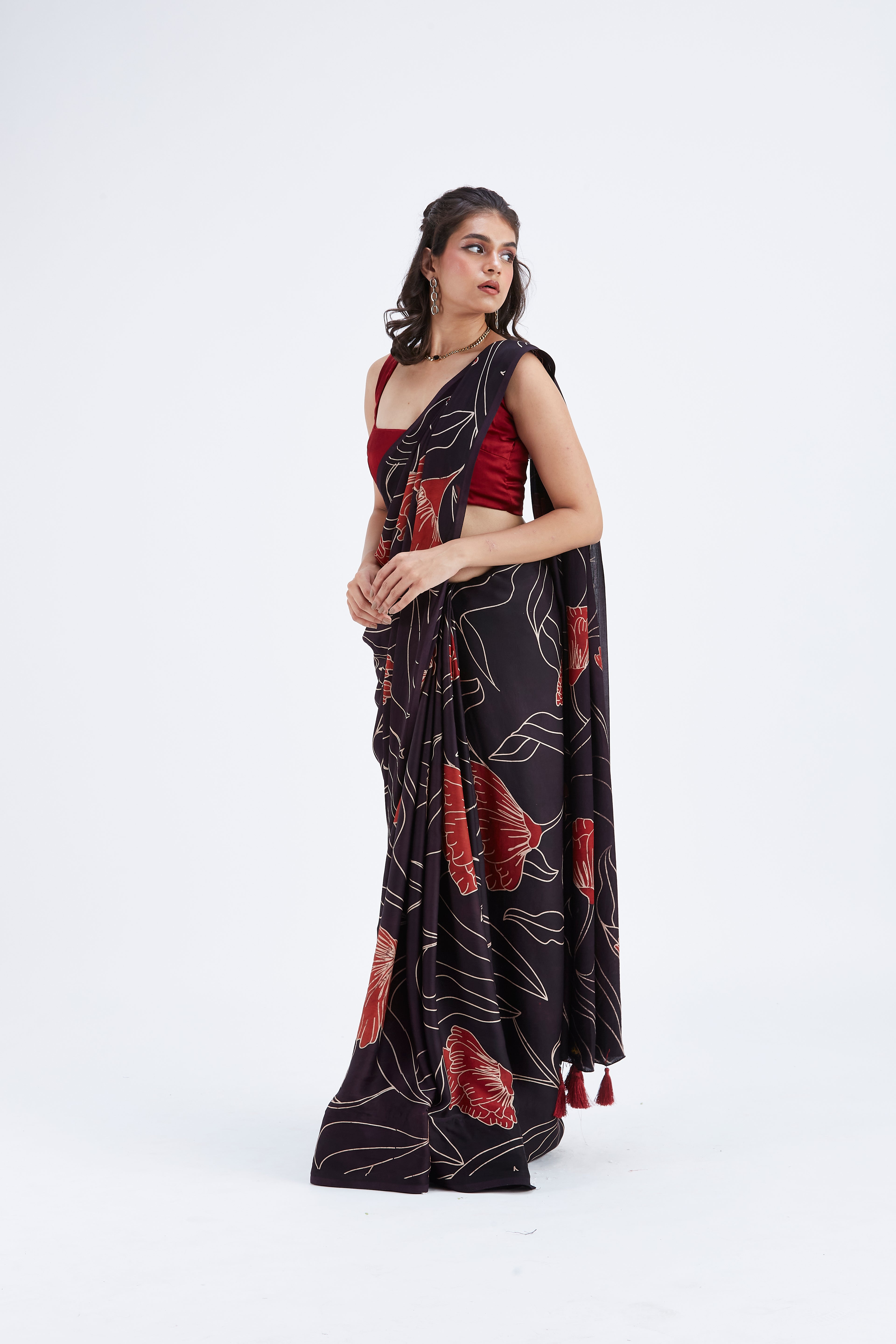 Kaia Black Modal Saree at Kamakhyaa by Hasttvam. This item is Black, Ete by Hasttvam, Floral Prints, Hand Printed, Modal, Under $50, Wedding Wear, Womenswear