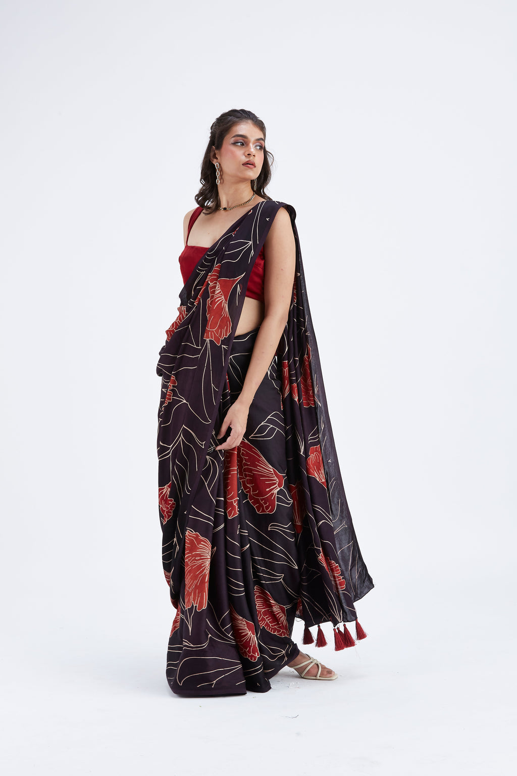 Kaia Black Modal Saree at Kamakhyaa by Hasttvam. This item is Black, Ete by Hasttvam, Floral Prints, Hand Printed, Modal, Under $50, Wedding Wear, Womenswear