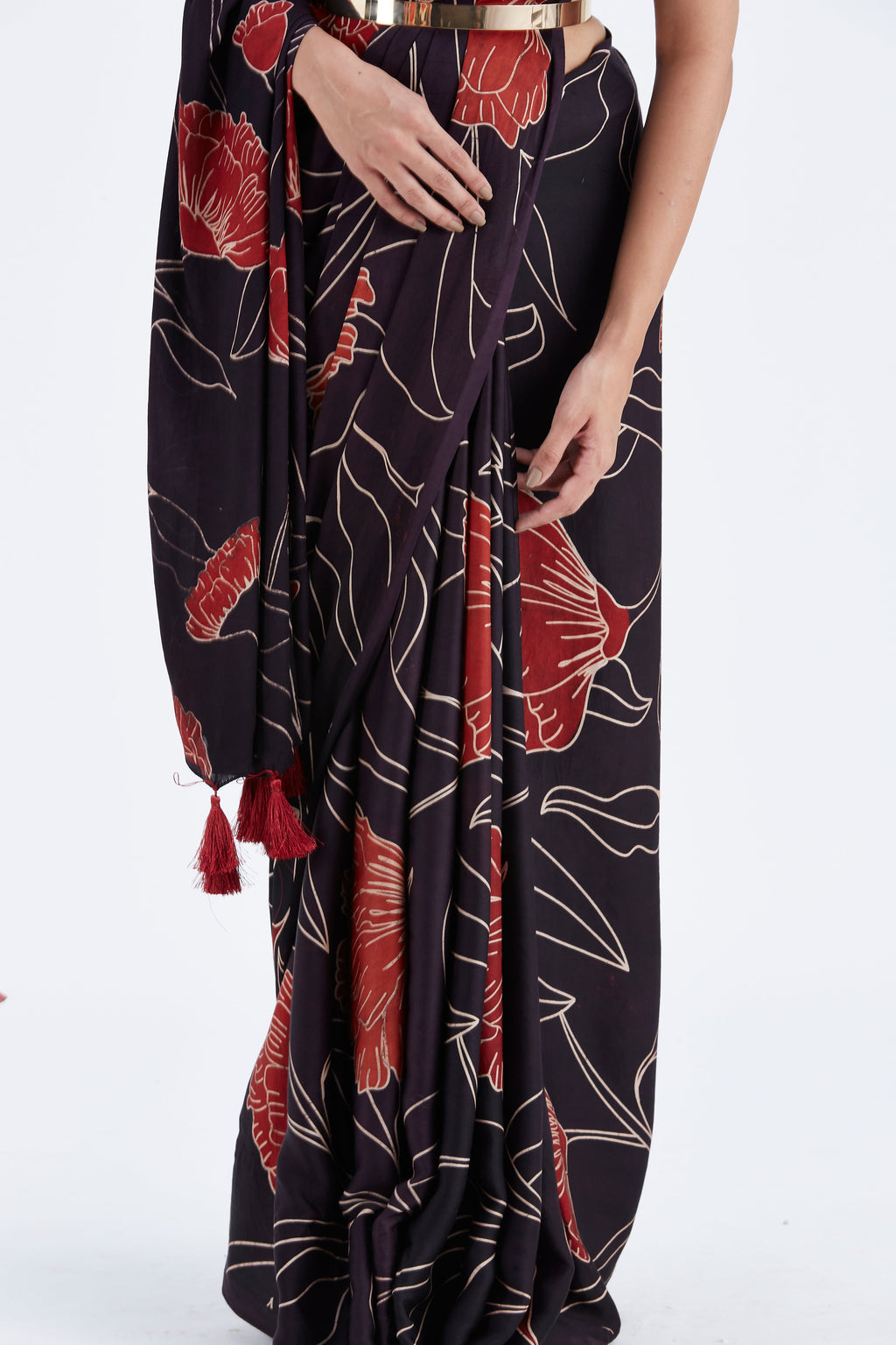 Kaia Black Modal Saree at Kamakhyaa by Hasttvam. This item is Black, Ete by Hasttvam, Floral Prints, Hand Printed, Modal, Under $50, Wedding Wear, Womenswear