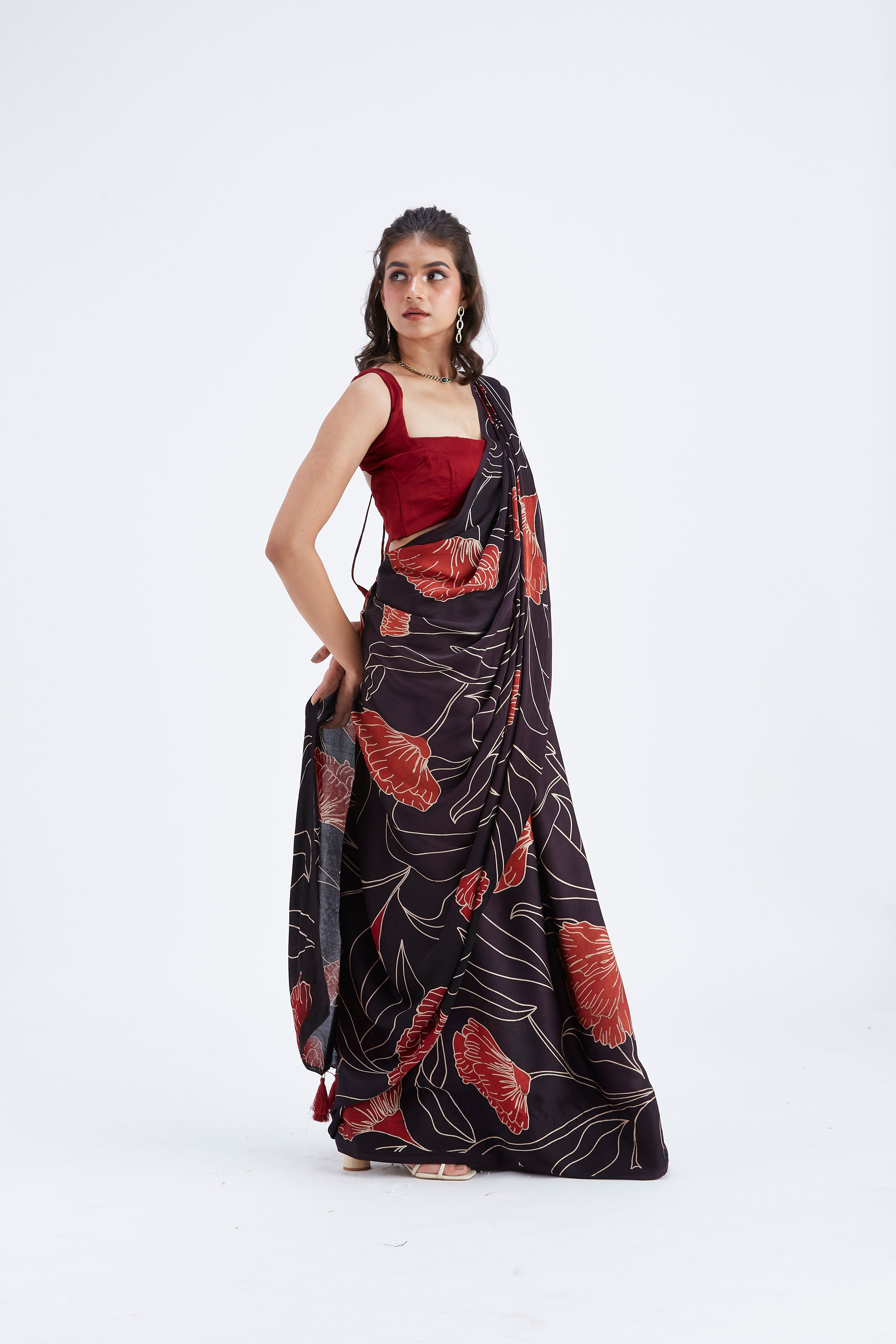 Kaia Black Modal Saree at Kamakhyaa by Hasttvam. This item is Black, Ete by Hasttvam, Floral Prints, Hand Printed, Modal, Under $50, Wedding Wear, Womenswear