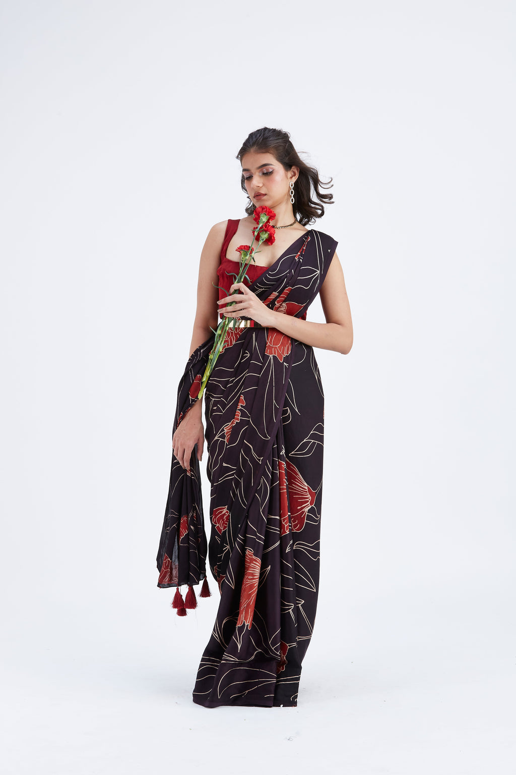 Kaia Black Modal Saree at Kamakhyaa by Hasttvam. This item is Black, Ete by Hasttvam, Floral Prints, Hand Printed, Modal, Under $50, Wedding Wear, Womenswear