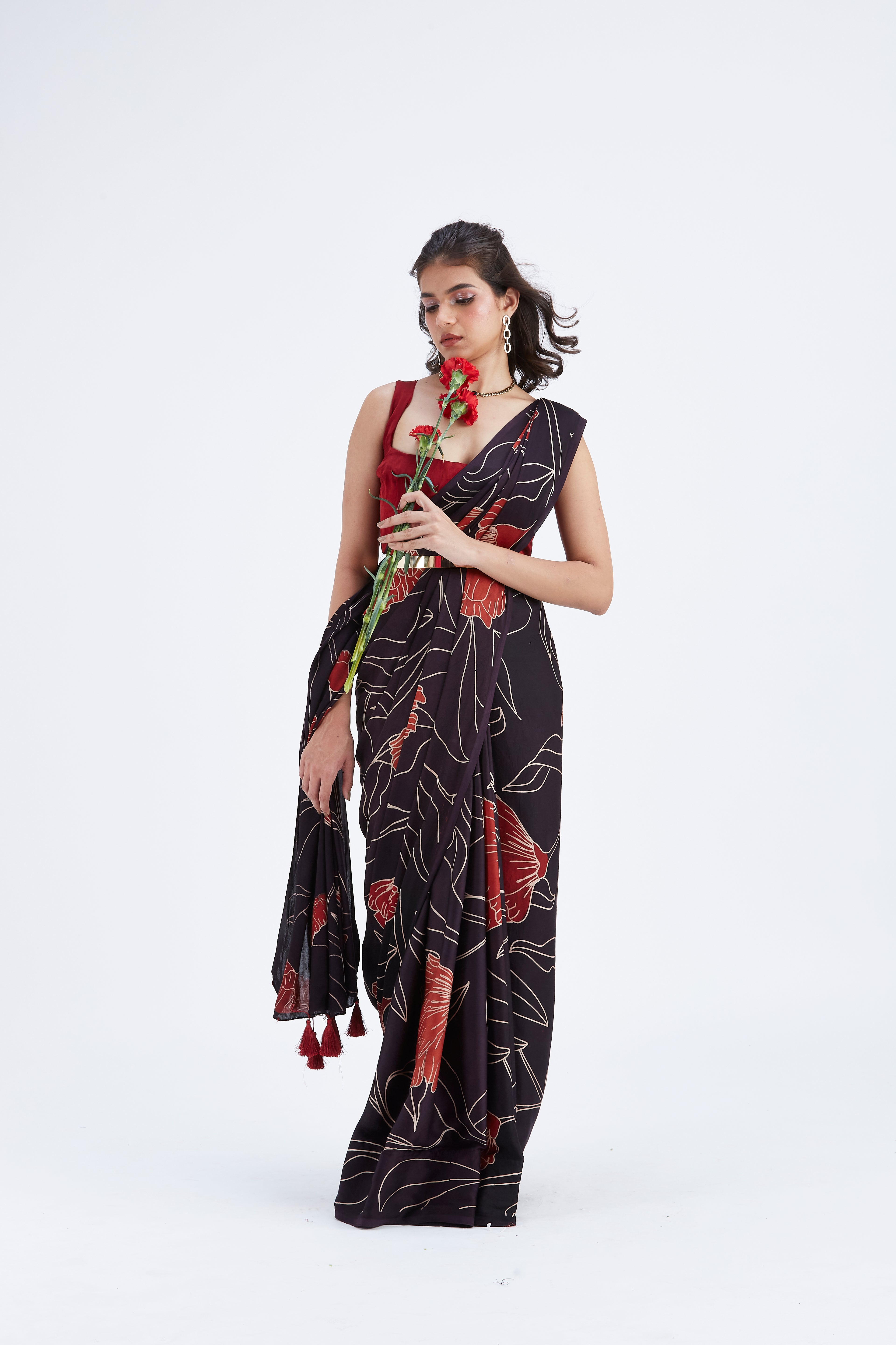 Kaia Black Modal Saree at Kamakhyaa by Hasttvam. This item is Black, Ete by Hasttvam, Floral Prints, Hand Printed, Modal, Under $50, Wedding Wear, Womenswear