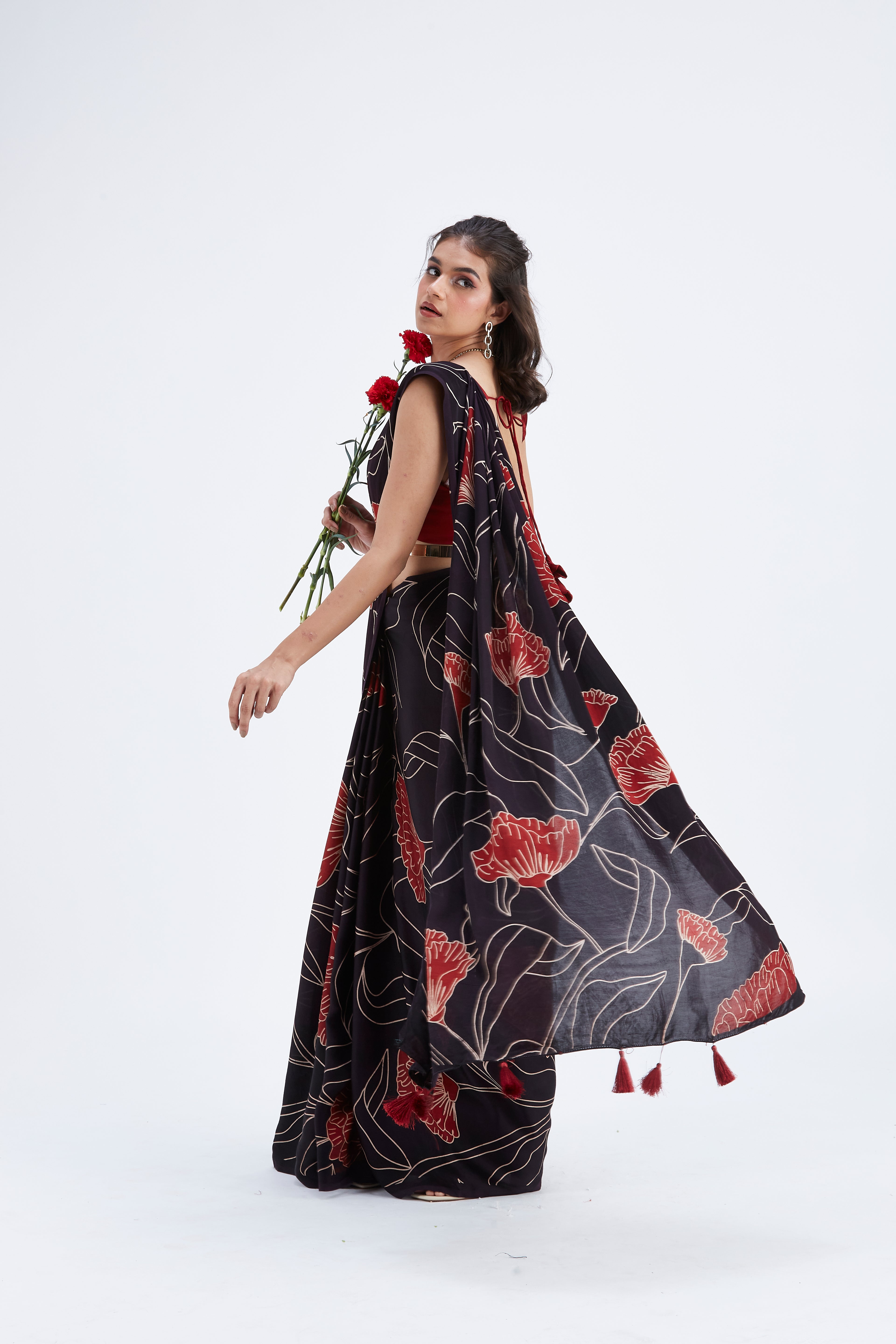 Kaia Black Modal Saree at Kamakhyaa by Hasttvam. This item is Black, Ete by Hasttvam, Floral Prints, Hand Printed, Modal, Under $50, Wedding Wear, Womenswear