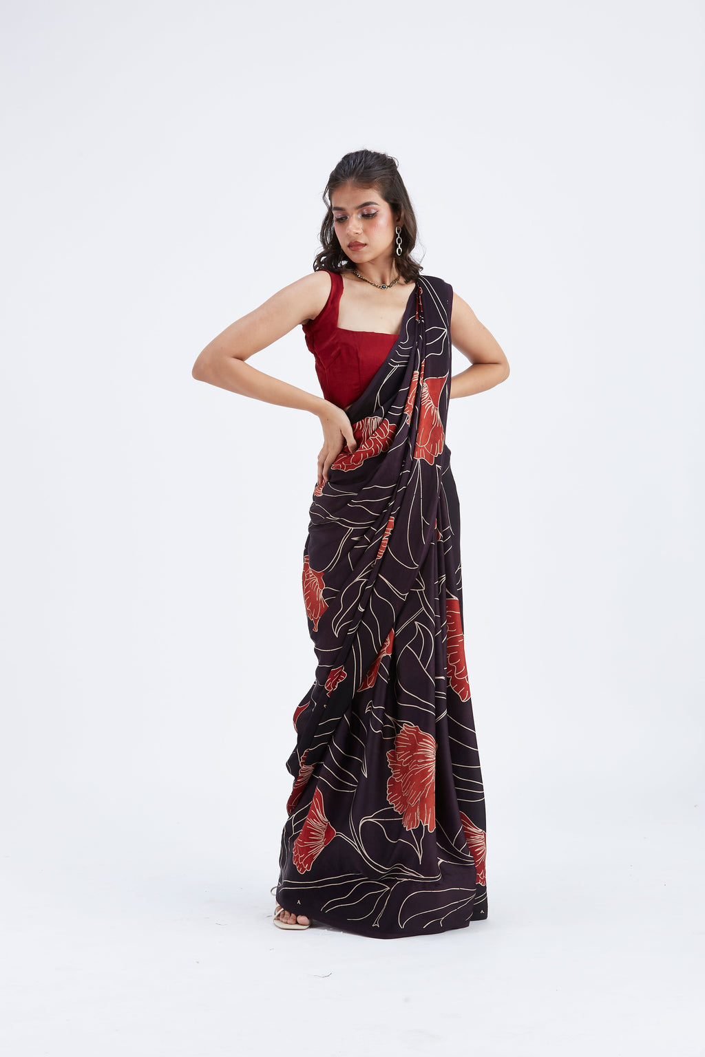 Kaia Black Modal Saree at Kamakhyaa by Hasttvam. This item is Black, Ete by Hasttvam, Floral Prints, Hand Printed, Modal, Under $50, Wedding Wear, Womenswear