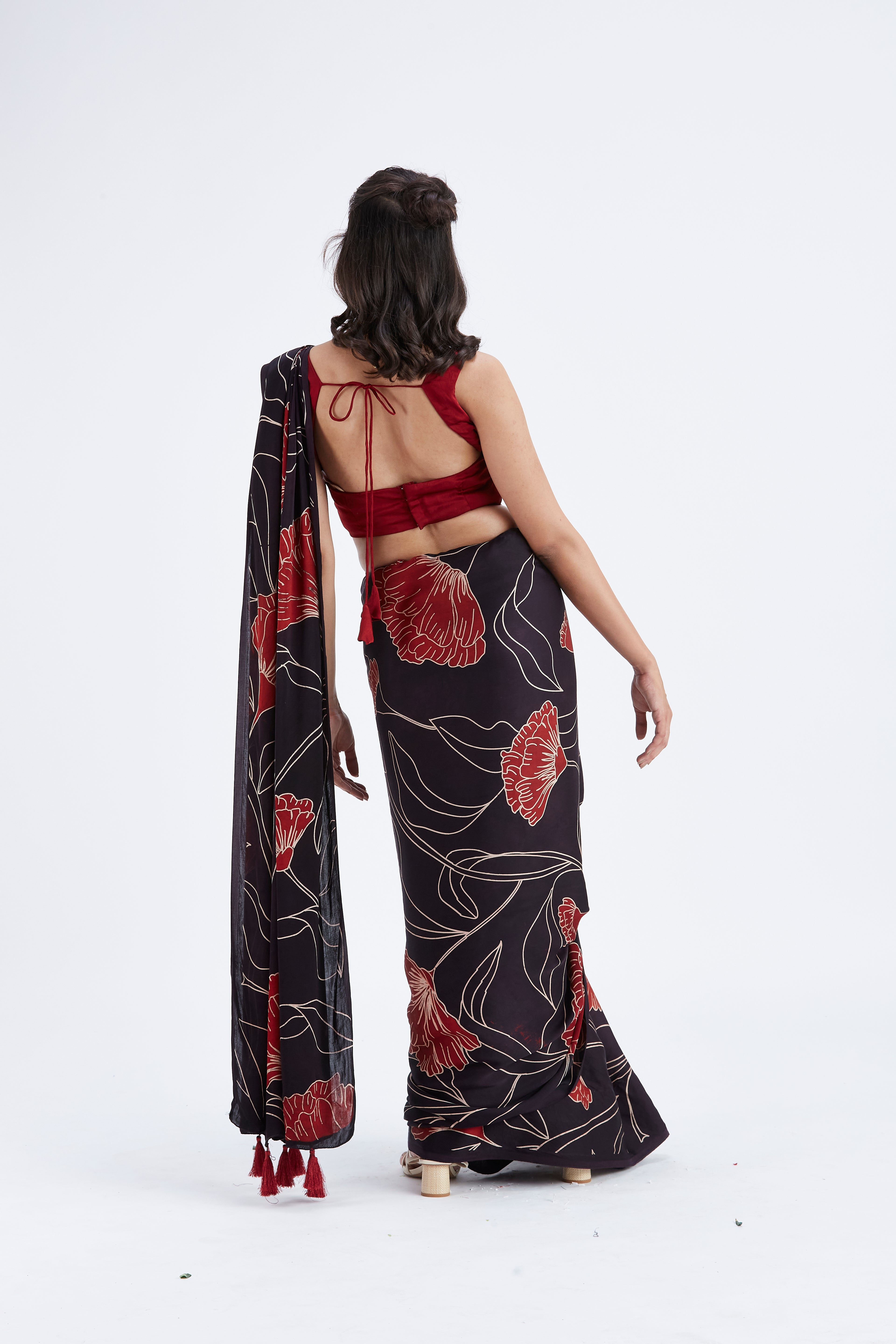 Kaia Black Modal Saree at Kamakhyaa by Hasttvam. This item is Black, Ete by Hasttvam, Floral Prints, Hand Printed, Modal, Under $50, Wedding Wear, Womenswear