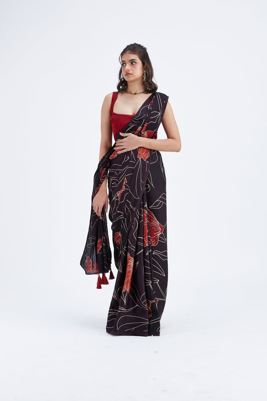 Kaia Black Modal Saree at Kamakhyaa by Hasttvam. This item is Black, Ete by Hasttvam, Floral Prints, Hand Printed, Modal, Under $50, Wedding Wear, Womenswear