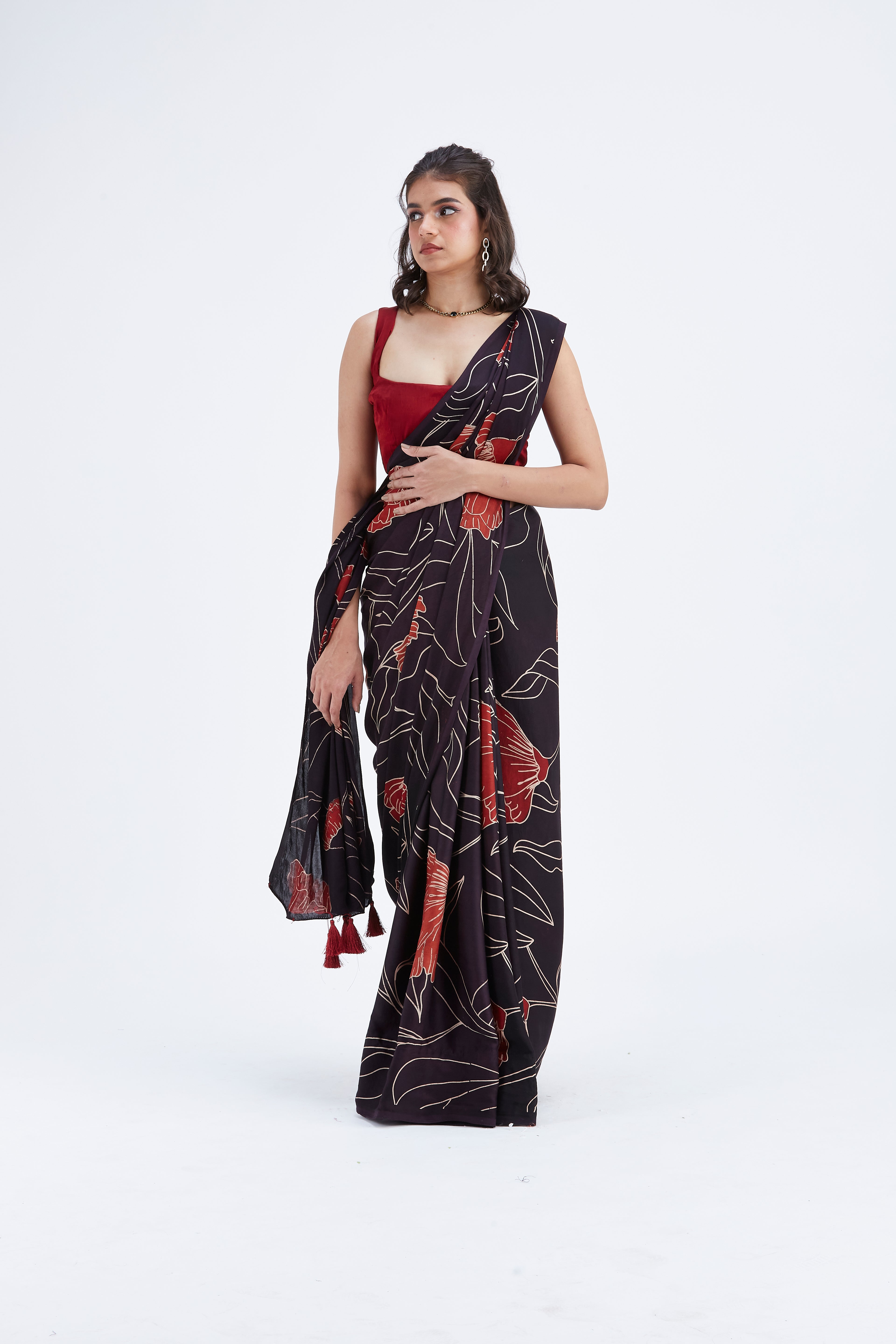Kaia Black Modal Saree at Kamakhyaa by Hasttvam. This item is Black, Ete by Hasttvam, Floral Prints, Hand Printed, Modal, Under $50, Wedding Wear, Womenswear