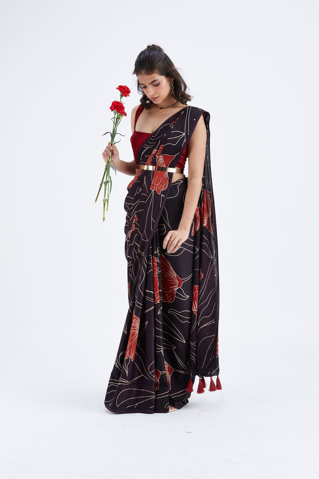 Kaia Black Modal Saree at Kamakhyaa by Hasttvam. This item is Black, Ete by Hasttvam, Floral Prints, Hand Printed, Modal, Under $50, Wedding Wear, Womenswear
