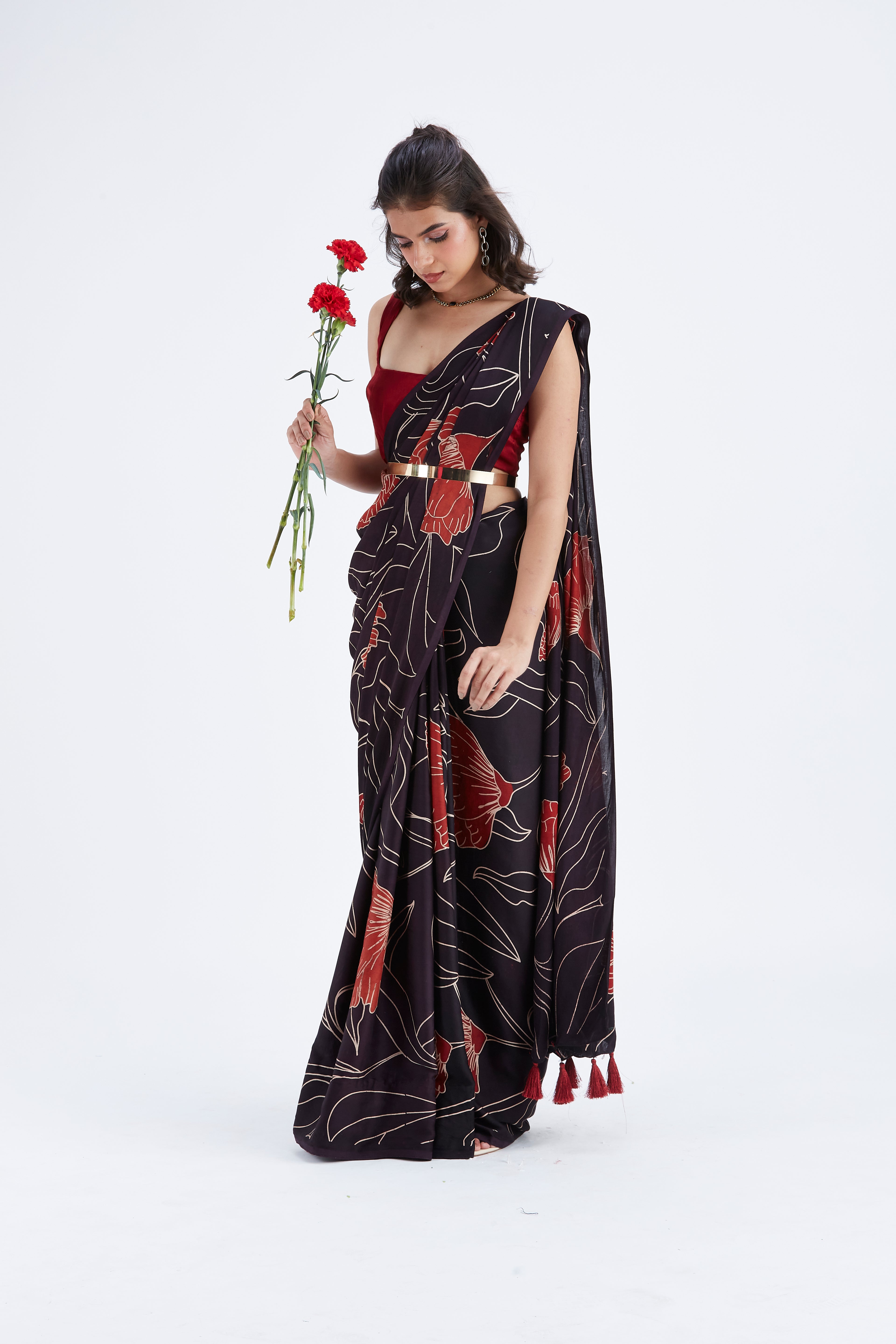 Kaia Black Modal Saree at Kamakhyaa by Hasttvam. This item is Black, Ete by Hasttvam, Floral Prints, Hand Printed, Modal, Under $50, Wedding Wear, Womenswear