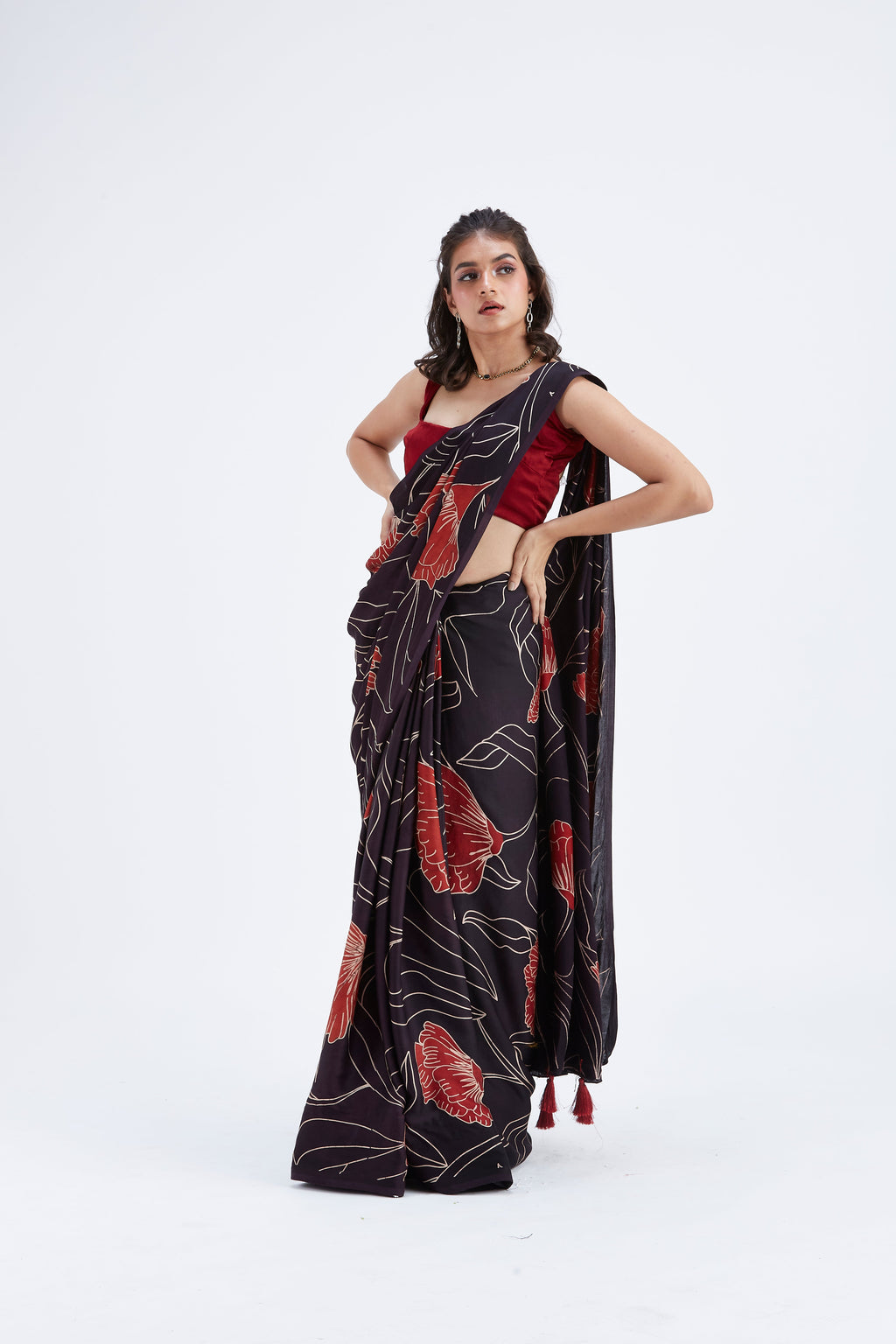 Kaia Black Modal Saree at Kamakhyaa by Hasttvam. This item is Black, Ete by Hasttvam, Floral Prints, Hand Printed, Modal, Under $50, Wedding Wear, Womenswear