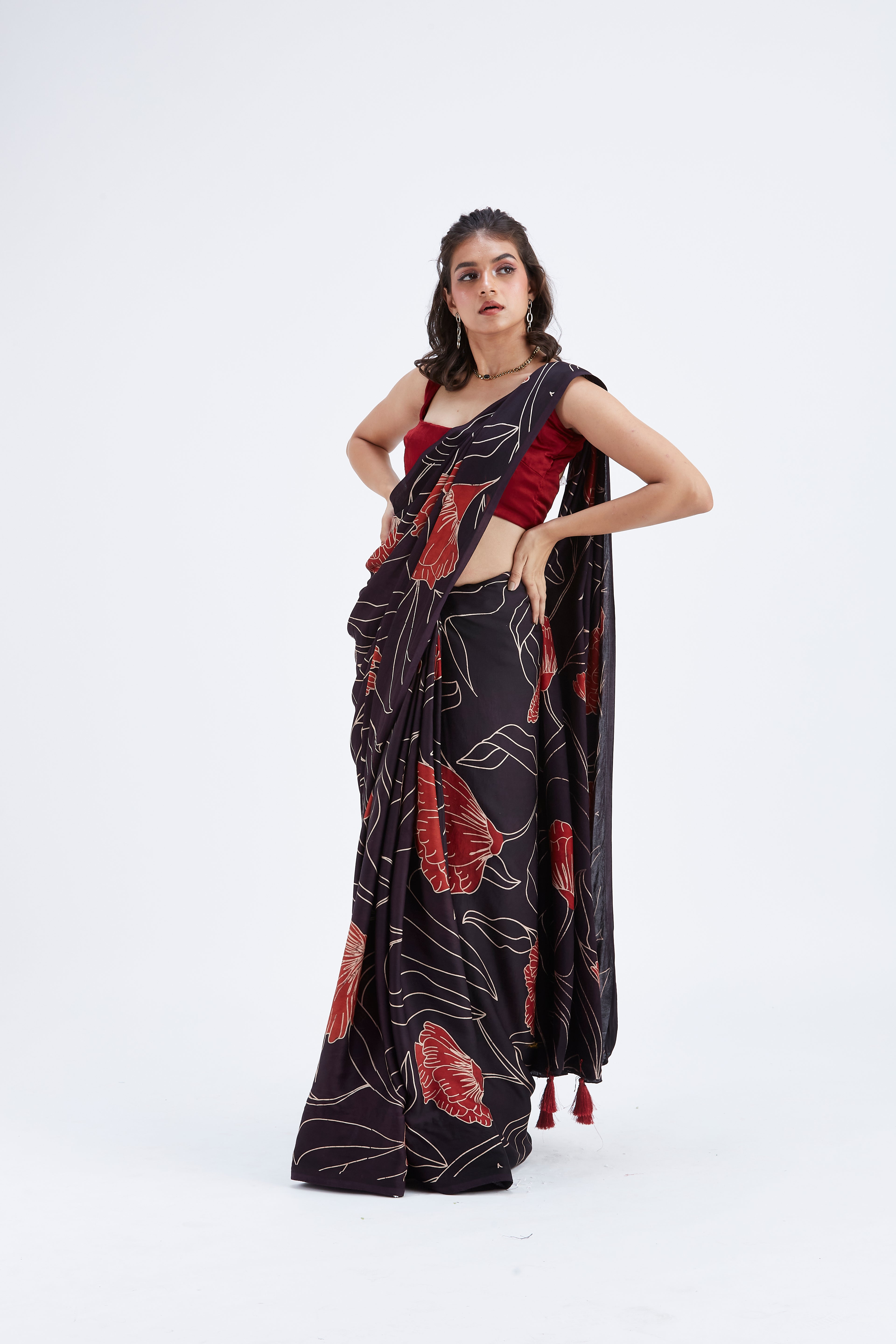 Kaia Black Modal Saree at Kamakhyaa by Hasttvam. This item is Black, Ete by Hasttvam, Floral Prints, Hand Printed, Modal, Under $50, Wedding Wear, Womenswear