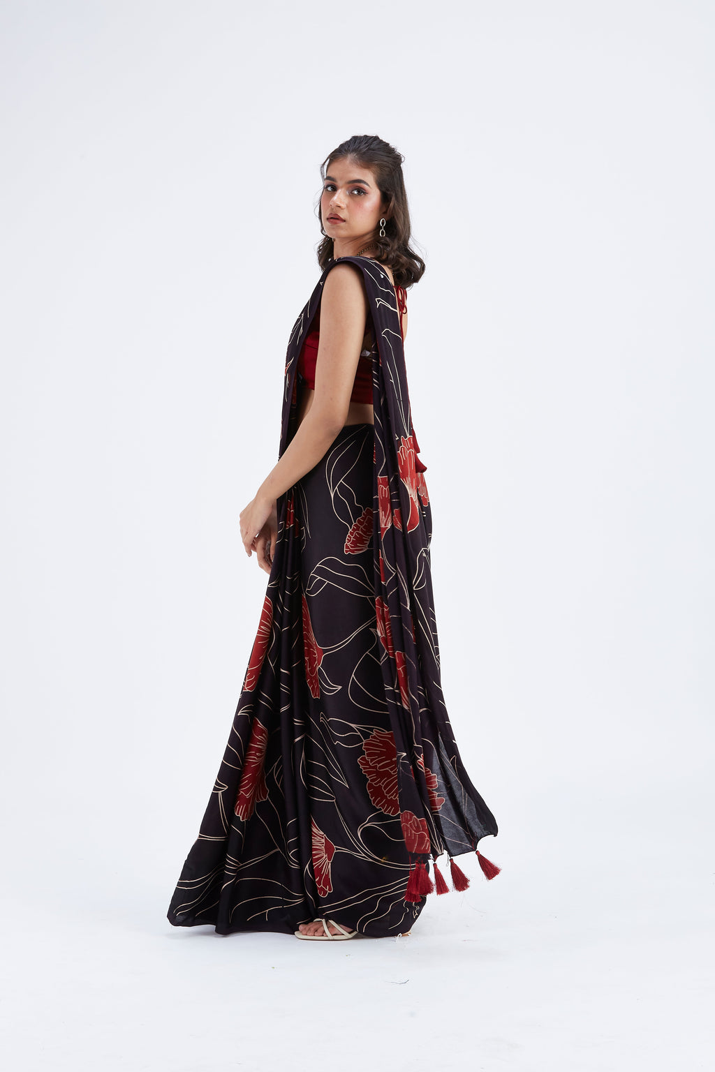 Kaia Black Modal Saree at Kamakhyaa by Hasttvam. This item is Black, Ete by Hasttvam, Floral Prints, Hand Printed, Modal, Under $50, Wedding Wear, Womenswear