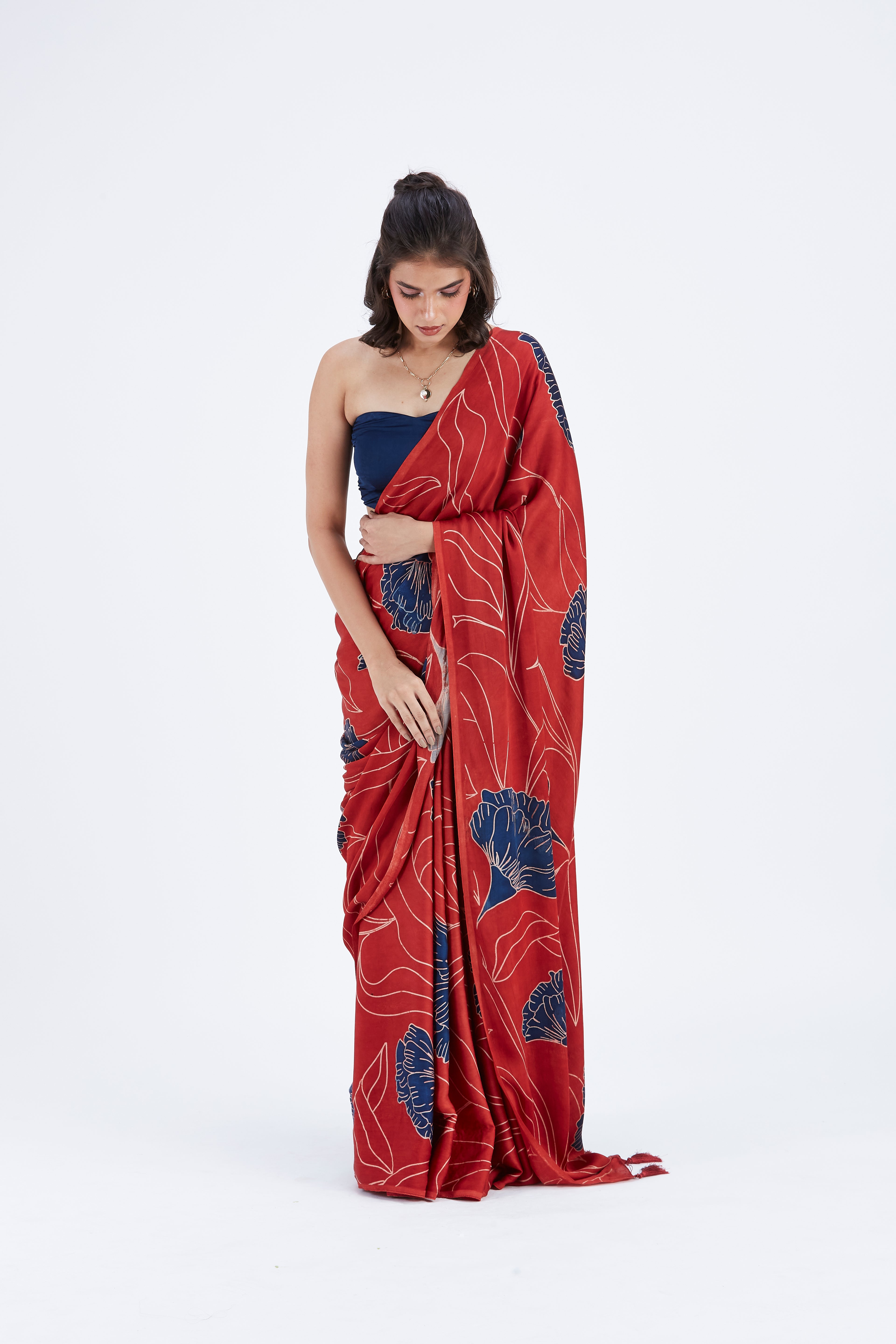 Kaia Red Modal Saree at Kamakhyaa by Hasttvam. This item is Ete by Hasttvam, Floral Prints, Hand Printed, Modal, Red, Under $50, Wedding Wear, Womenswear