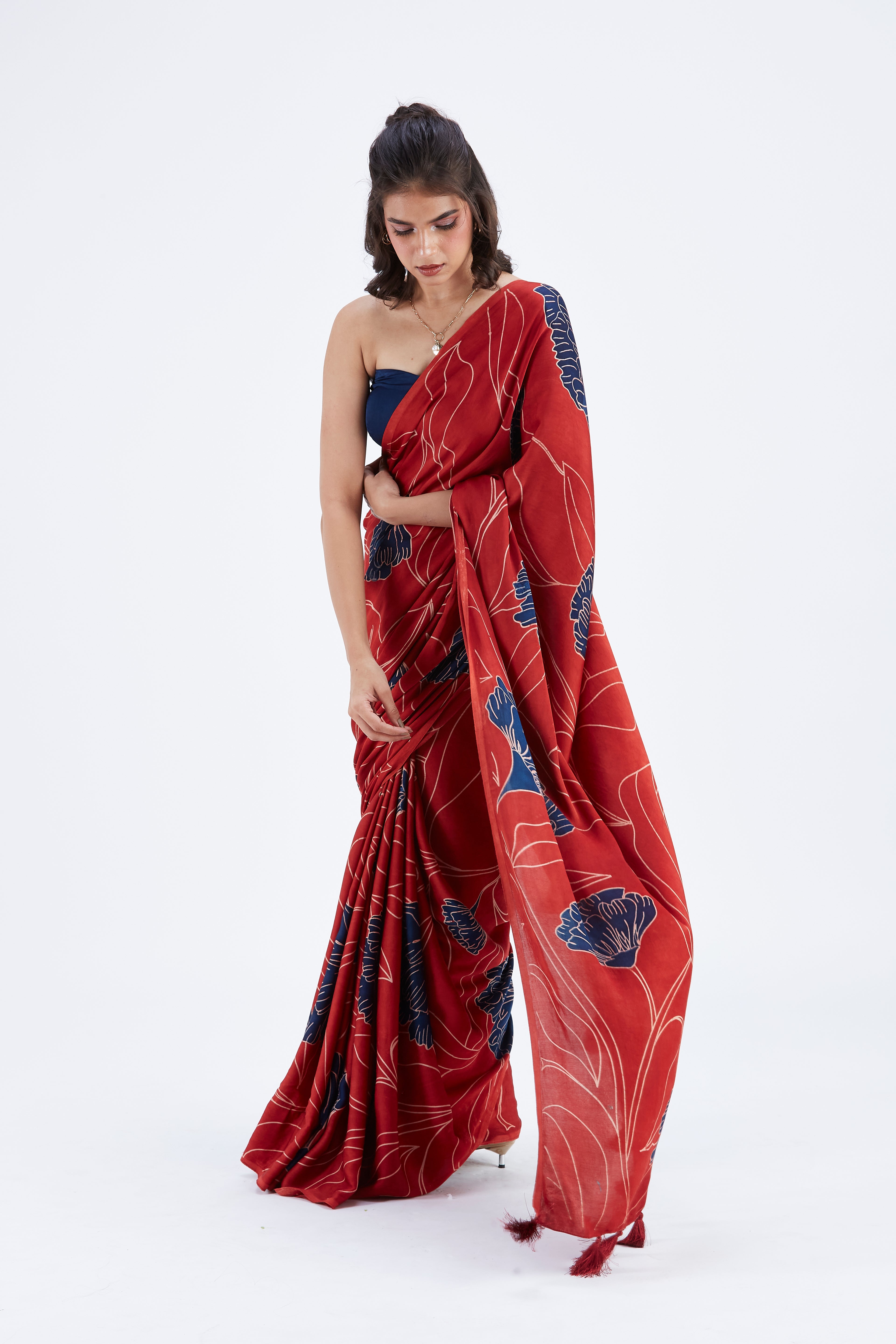 Kaia Red Modal Saree at Kamakhyaa by Hasttvam. This item is Ete by Hasttvam, Floral Prints, Hand Printed, Modal, Red, Under $50, Wedding Wear, Womenswear