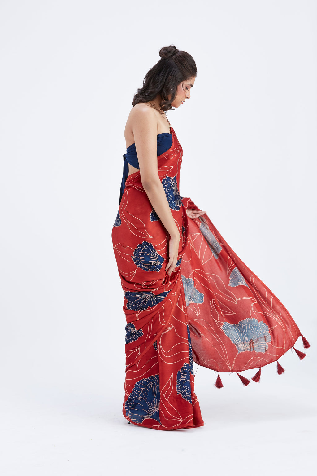 Kaia Red Modal Saree at Kamakhyaa by Hasttvam. This item is Ete by Hasttvam, Floral Prints, Hand Printed, Modal, Red, Under $50, Wedding Wear, Womenswear