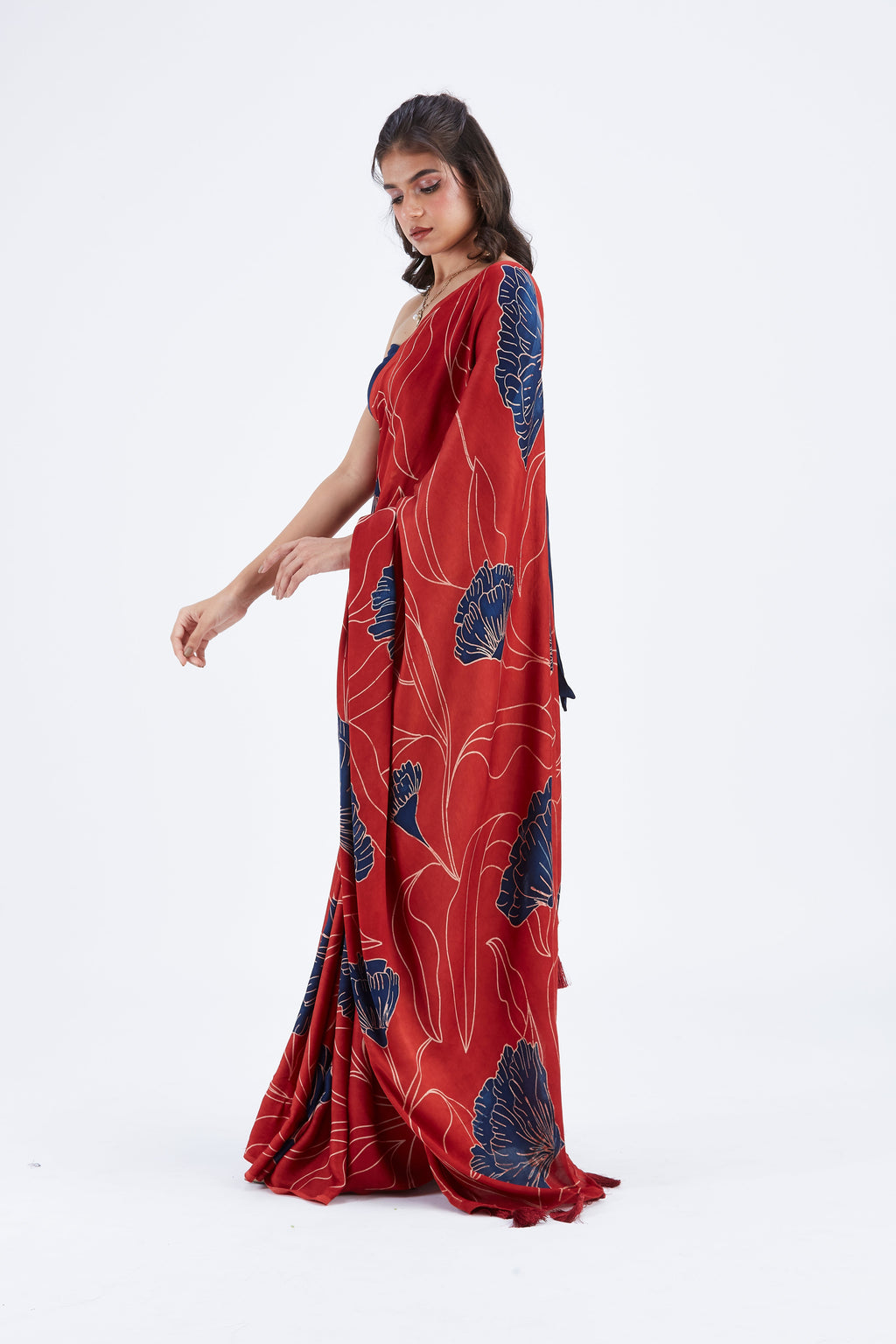 Kaia Red Modal Saree at Kamakhyaa by Hasttvam. This item is Ete by Hasttvam, Floral Prints, Hand Printed, Modal, Red, Under $50, Wedding Wear, Womenswear