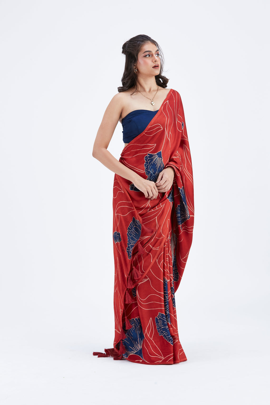 Kaia Red Modal Saree at Kamakhyaa by Hasttvam. This item is Ete by Hasttvam, Floral Prints, Hand Printed, Modal, Red, Under $50, Wedding Wear, Womenswear