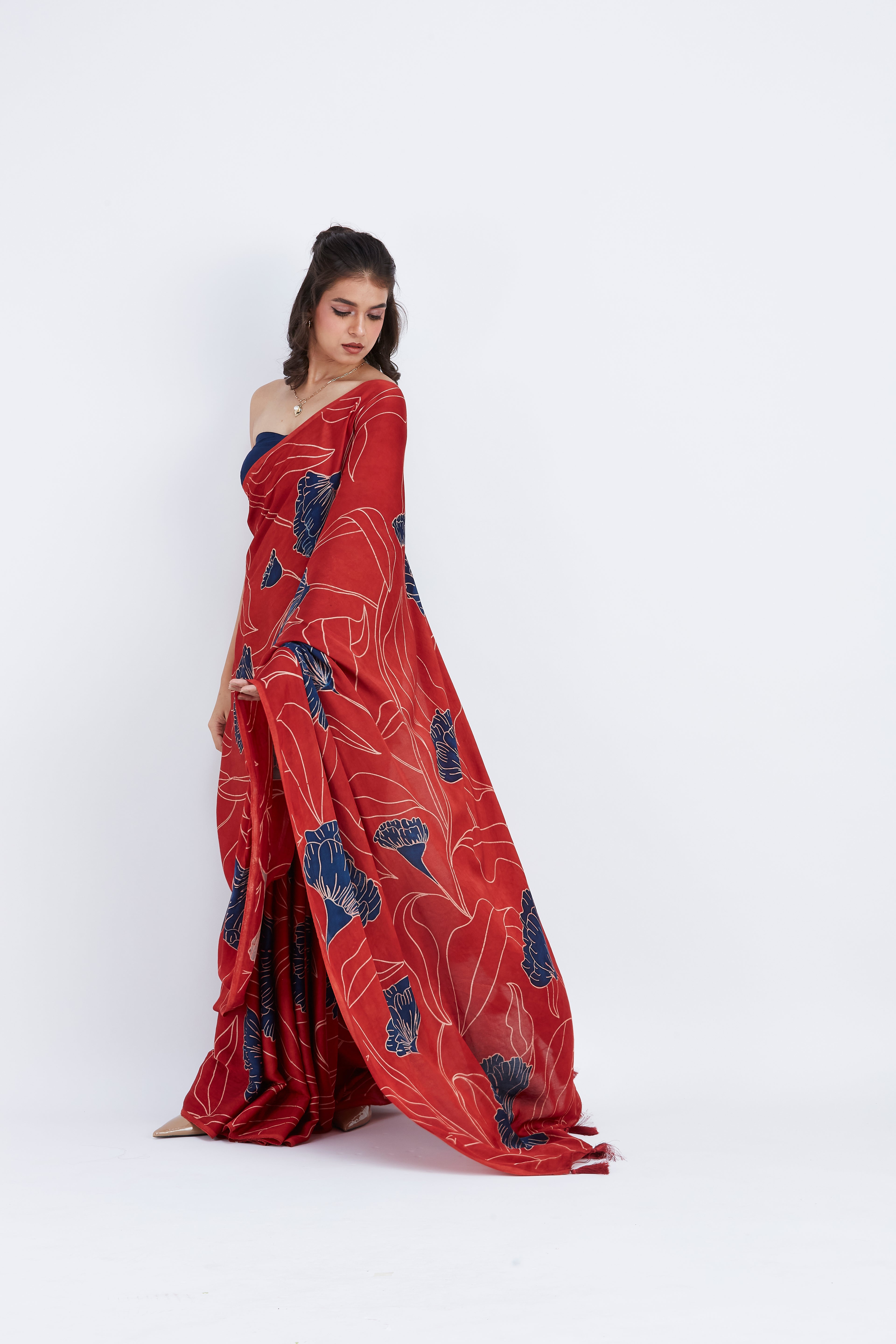 Kaia Red Modal Saree at Kamakhyaa by Hasttvam. This item is Ete by Hasttvam, Floral Prints, Hand Printed, Modal, Red, Under $50, Wedding Wear, Womenswear