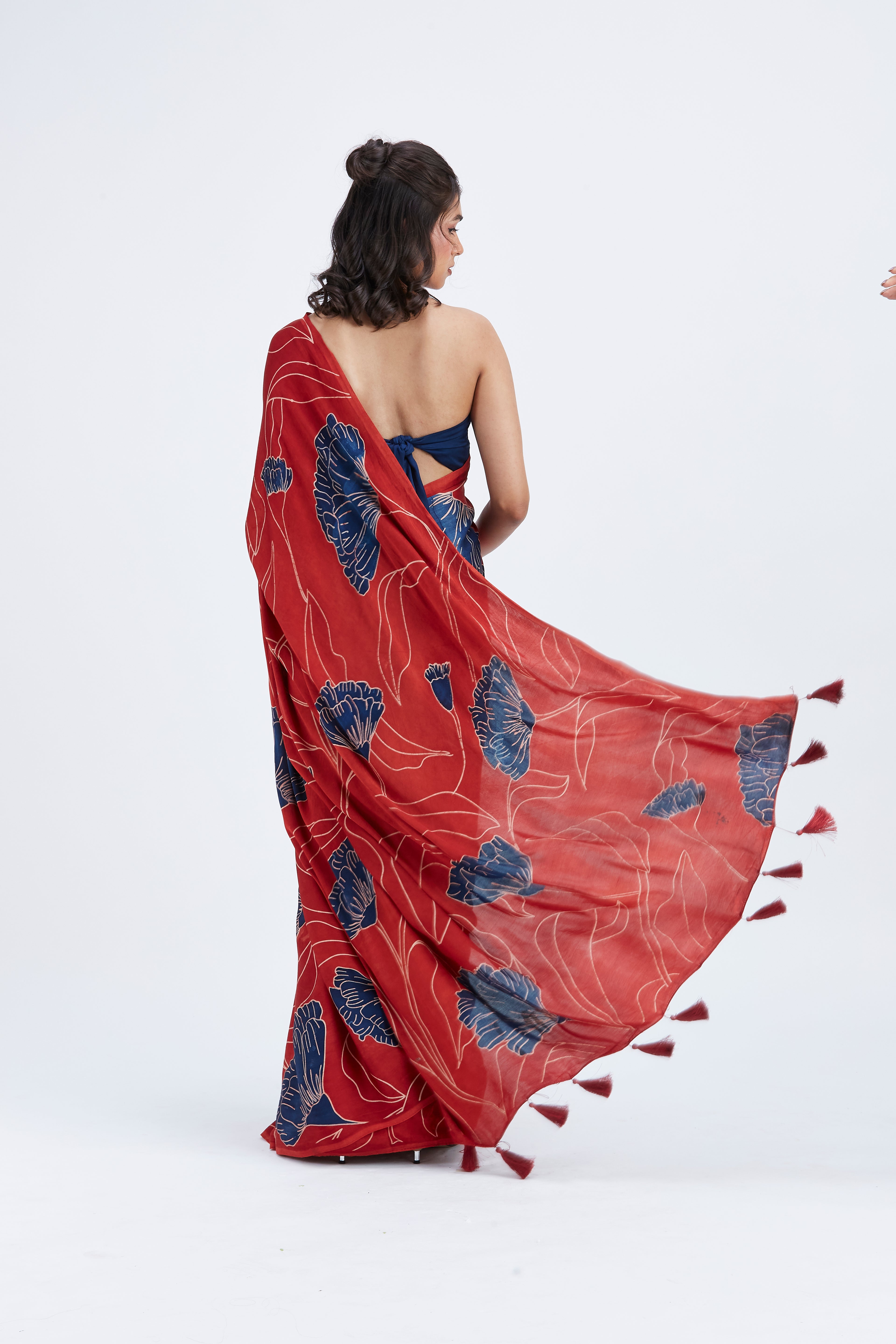 Kaia Red Modal Saree at Kamakhyaa by Hasttvam. This item is Ete by Hasttvam, Floral Prints, Hand Printed, Modal, Red, Under $50, Wedding Wear, Womenswear