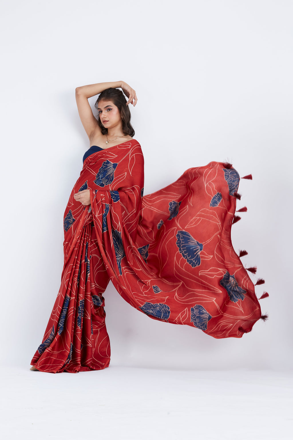 Kaia Red Modal Saree at Kamakhyaa by Hasttvam. This item is Ete by Hasttvam, Floral Prints, Hand Printed, Modal, Red, Under $50, Wedding Wear, Womenswear