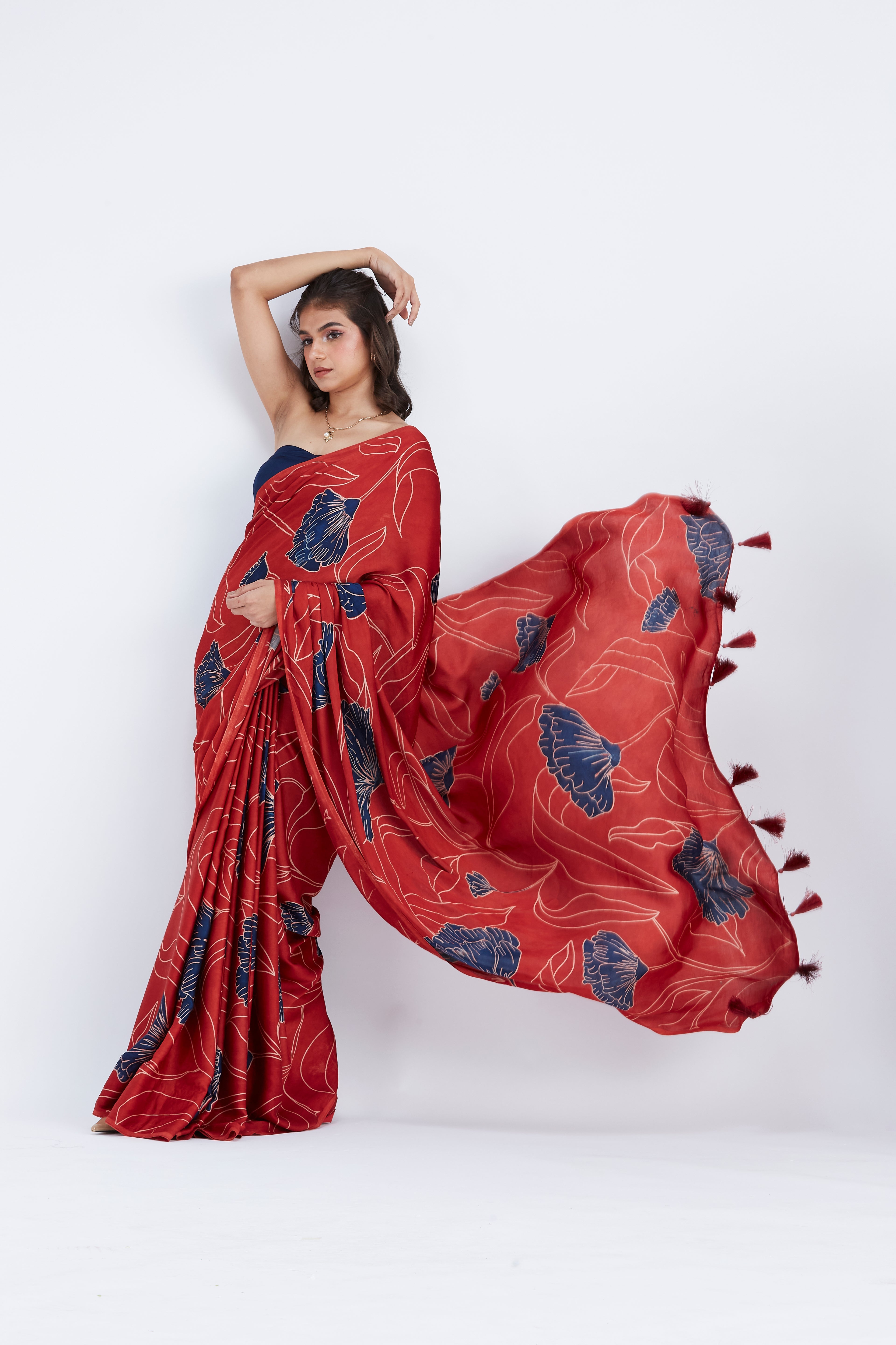 Kaia Red Modal Saree at Kamakhyaa by Hasttvam. This item is Ete by Hasttvam, Floral Prints, Hand Printed, Modal, Red, Under $50, Wedding Wear, Womenswear
