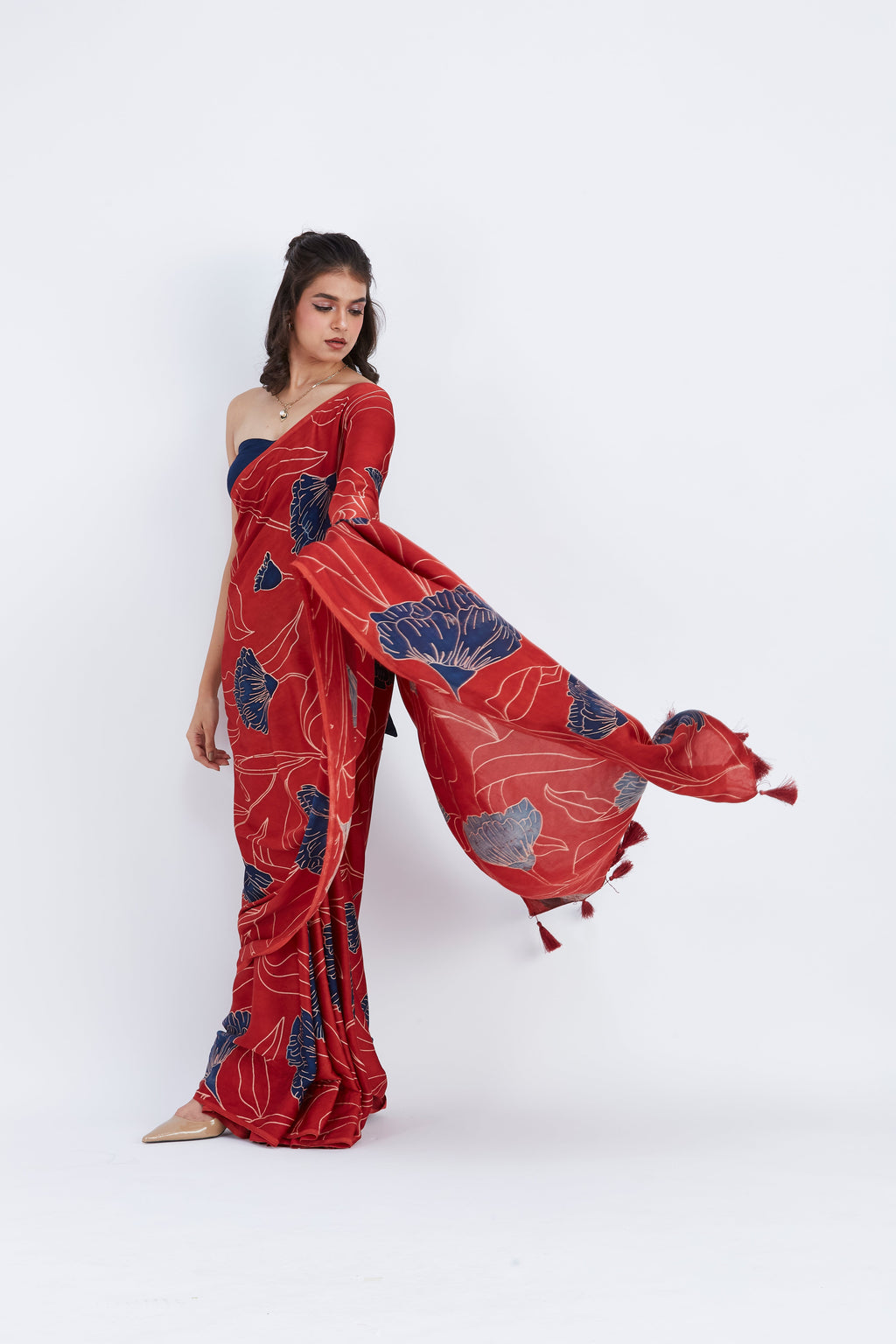 Kaia Red Modal Saree at Kamakhyaa by Hasttvam. This item is Ete by Hasttvam, Floral Prints, Hand Printed, Modal, Red, Under $50, Wedding Wear, Womenswear