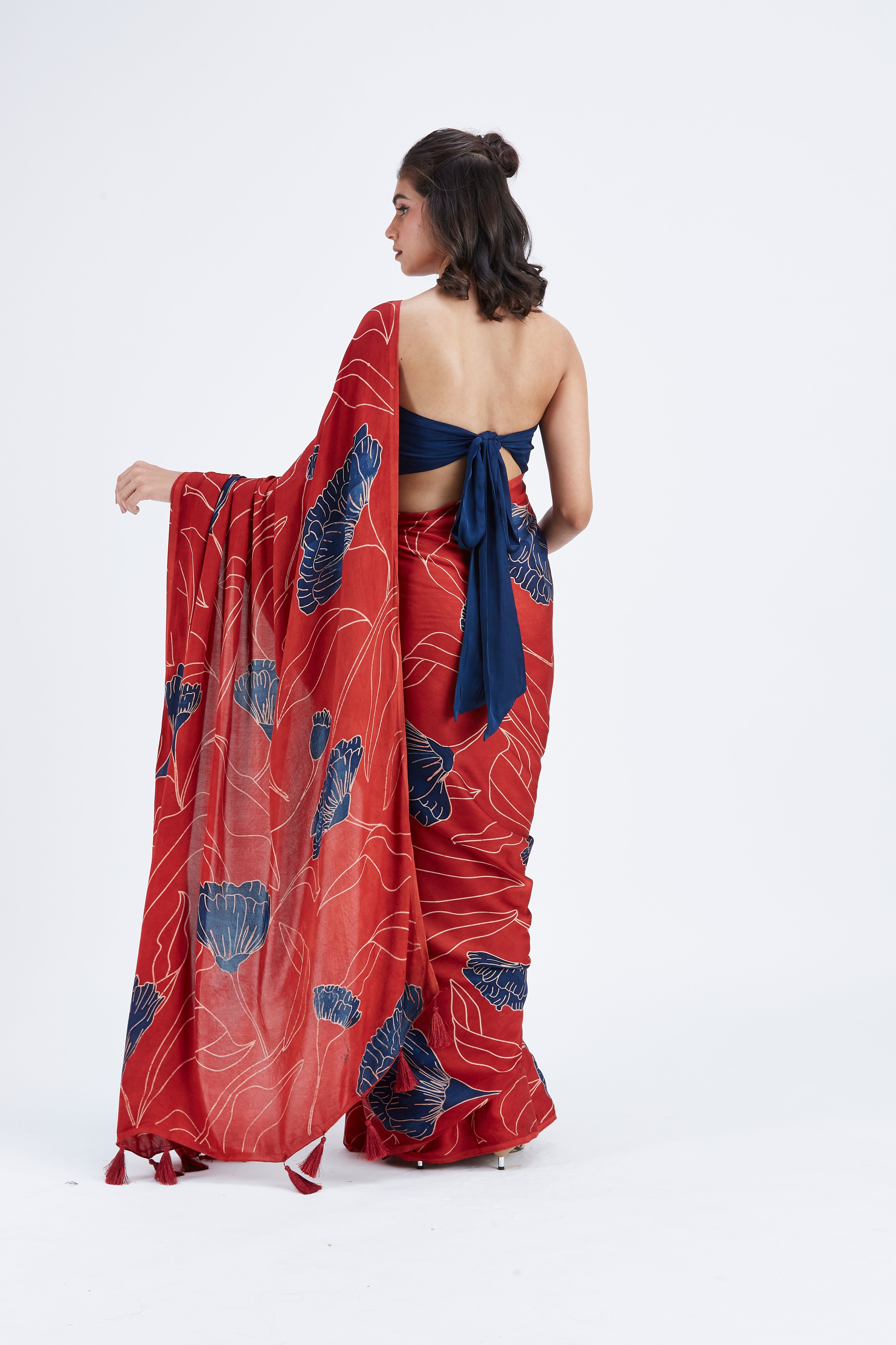 Kaia Red Modal Saree at Kamakhyaa by Hasttvam. This item is Ete by Hasttvam, Floral Prints, Hand Printed, Modal, Red, Under $50, Wedding Wear, Womenswear
