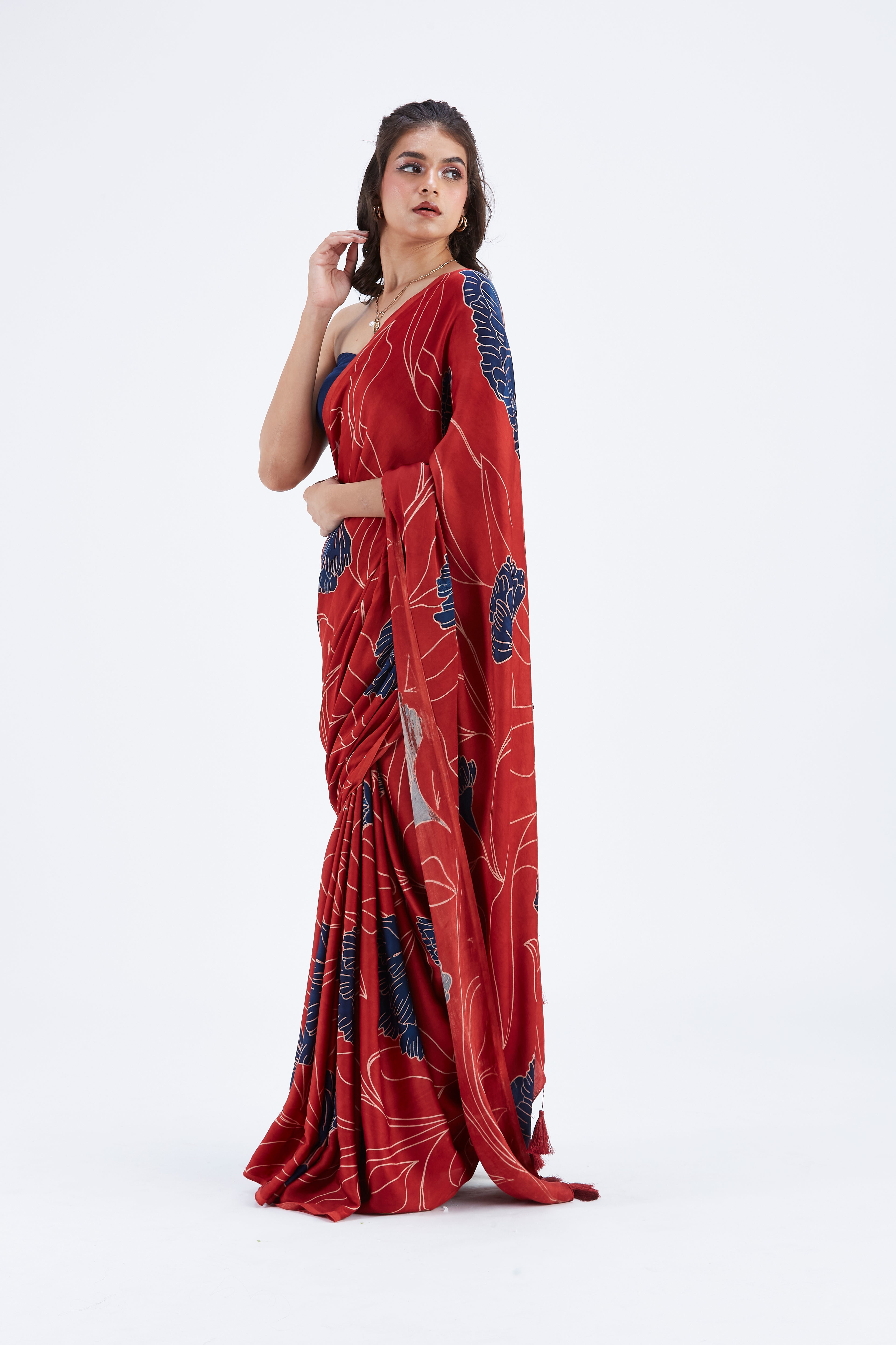 Kaia Red Modal Saree at Kamakhyaa by Hasttvam. This item is Ete by Hasttvam, Floral Prints, Hand Printed, Modal, Red, Under $50, Wedding Wear, Womenswear