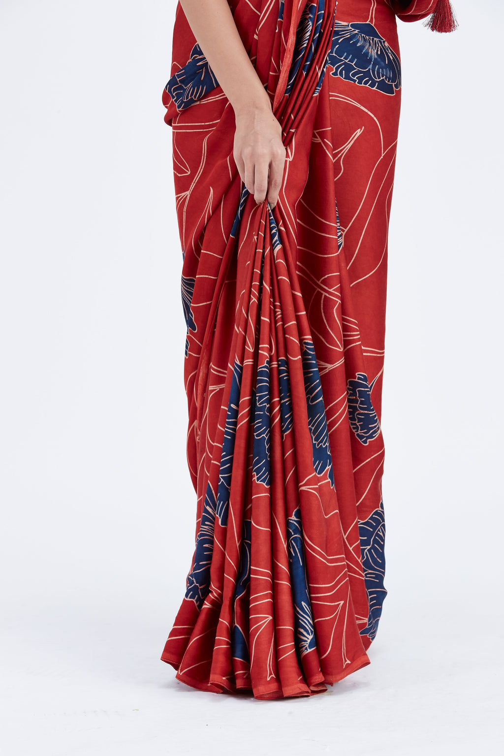 Kaia Red Modal Saree at Kamakhyaa by Hasttvam. This item is Ete by Hasttvam, Floral Prints, Hand Printed, Modal, Red, Under $50, Wedding Wear, Womenswear