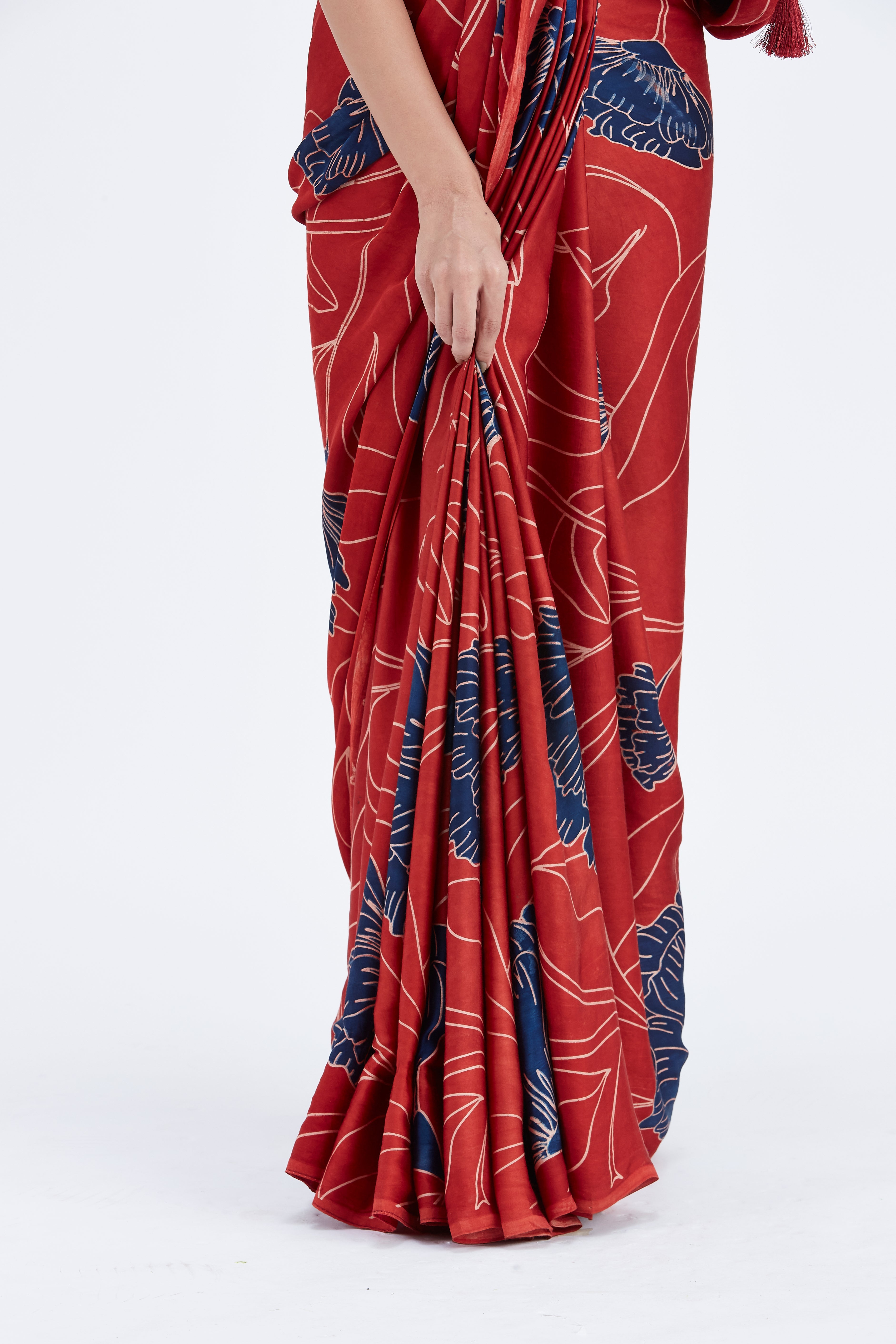 Kaia Red Modal Saree at Kamakhyaa by Hasttvam. This item is Ete by Hasttvam, Floral Prints, Hand Printed, Modal, Red, Under $50, Wedding Wear, Womenswear