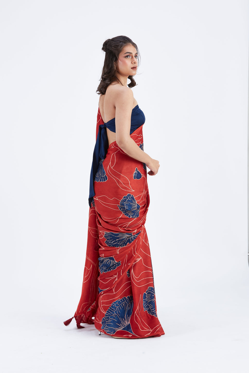 Kaia Red Modal Saree at Kamakhyaa by Hasttvam. This item is Ete by Hasttvam, Floral Prints, Hand Printed, Modal, Red, Under $50, Wedding Wear, Womenswear
