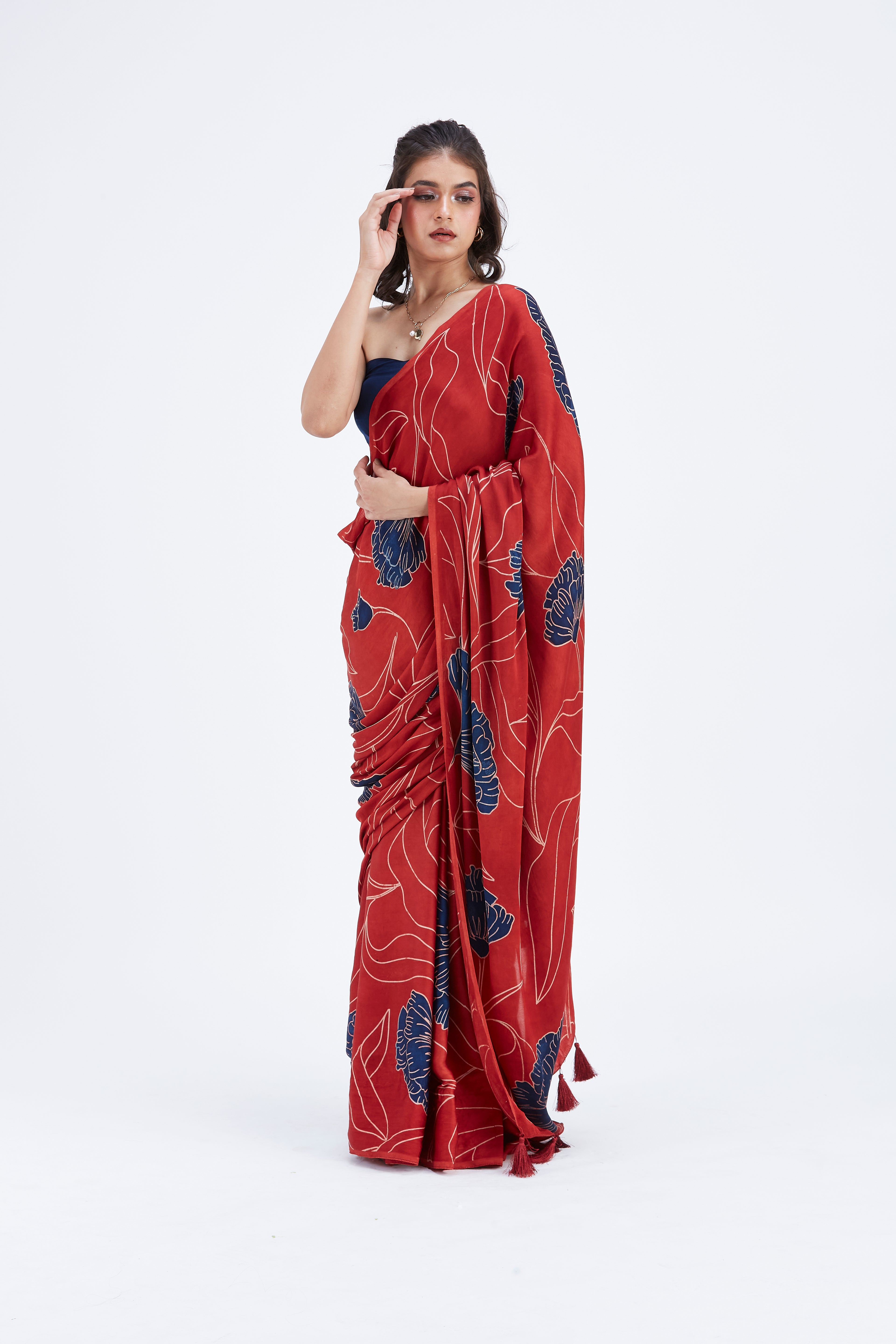 Kaia Red Modal Saree at Kamakhyaa by Hasttvam. This item is Ete by Hasttvam, Floral Prints, Hand Printed, Modal, Red, Under $50, Wedding Wear, Womenswear