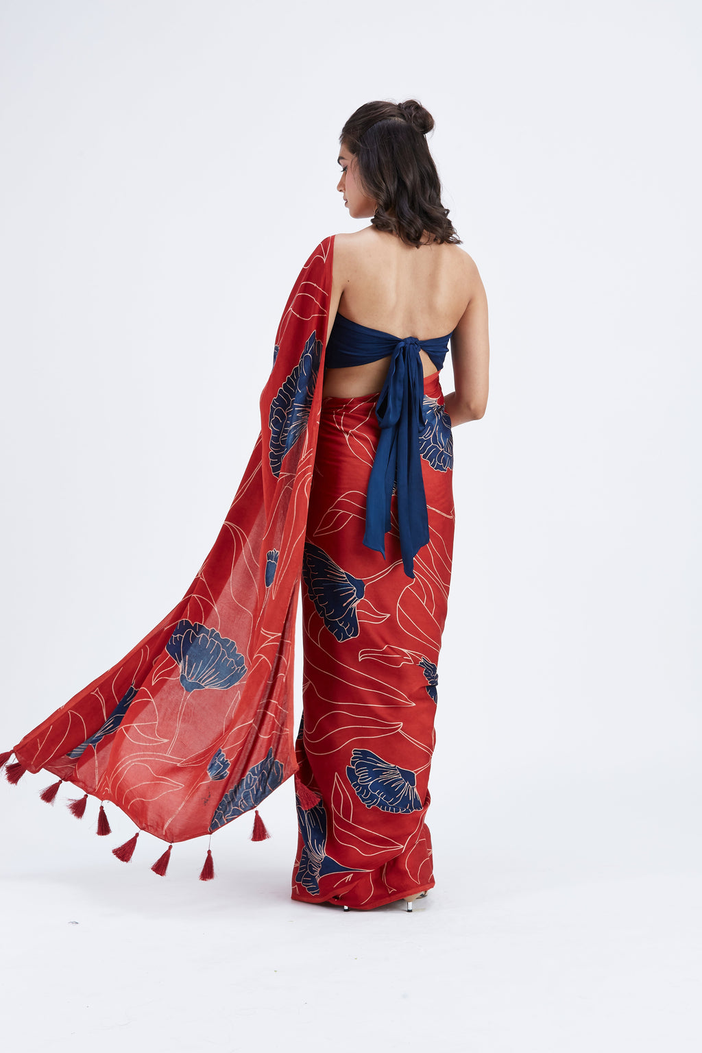 Kaia Red Modal Saree at Kamakhyaa by Hasttvam. This item is Ete by Hasttvam, Floral Prints, Hand Printed, Modal, Red, Under $50, Wedding Wear, Womenswear
