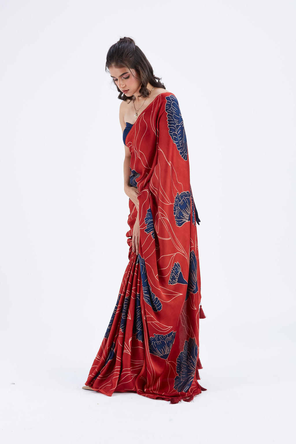 Kaia Red Modal Saree at Kamakhyaa by Hasttvam. This item is Ete by Hasttvam, Floral Prints, Hand Printed, Modal, Red, Under $50, Wedding Wear, Womenswear